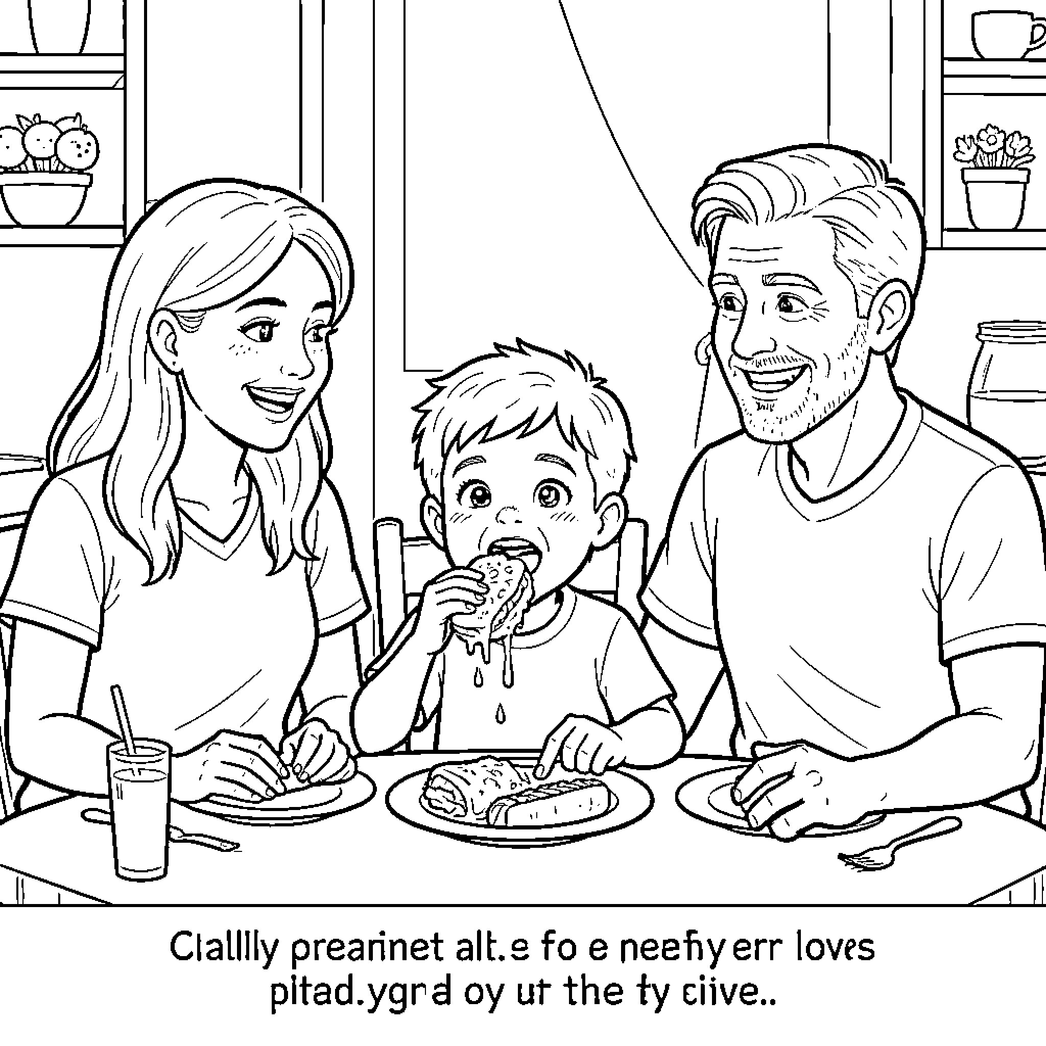 Boy enjoys family meal together Coloring Page (free black-and-white line drawing printable PDF for all, from beginners to advanced learners, including children, teens, adults, and seniors)