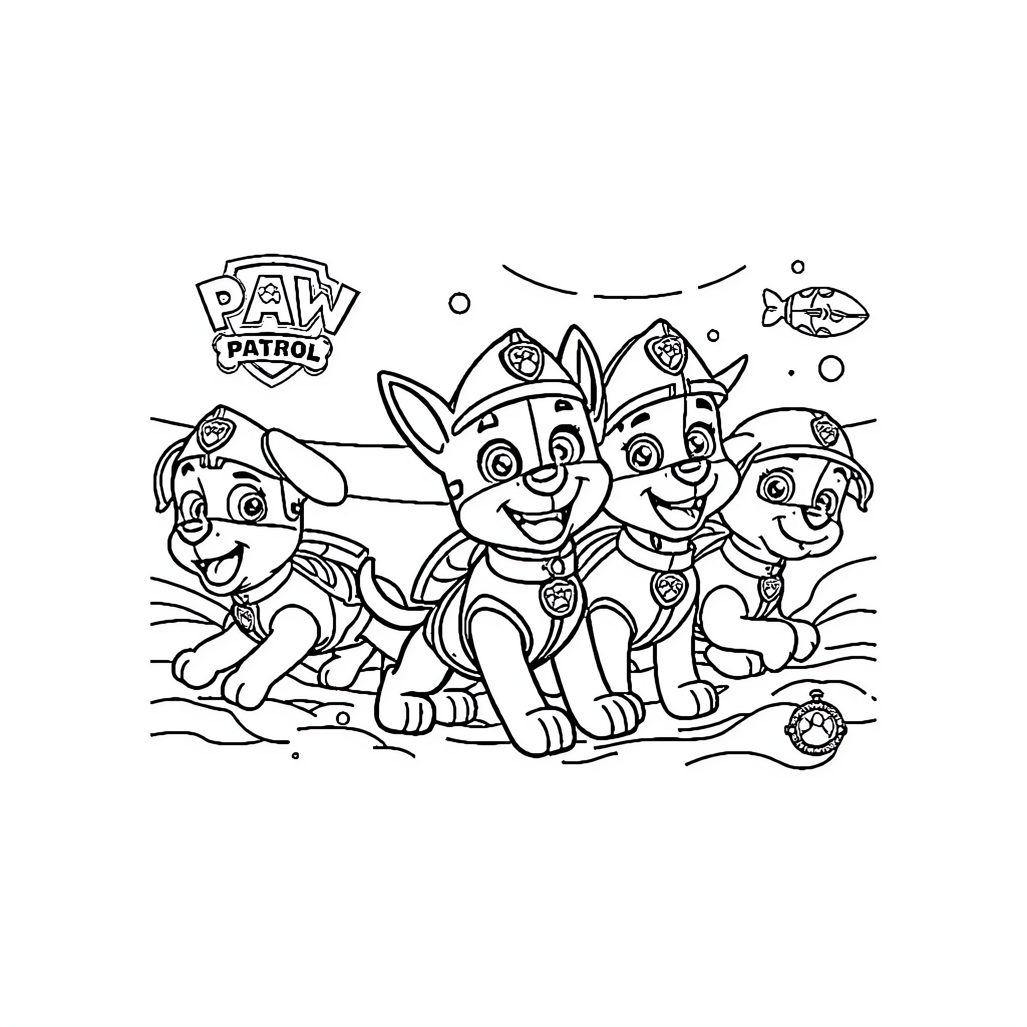 Paw Patrol characters in playful scene Coloring Page (free black-and-white line drawing printable PDF for all, from beginners to advanced learners, including children, teens, adults, and seniors)