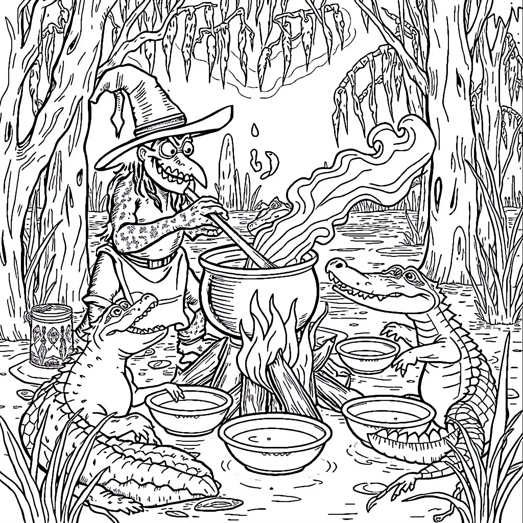 Rougarou's Mystical Swamp Cauldron Brew Coloring Page (free black-and-white line drawing printable PDF for all, from beginners to advanced learners, including children, teens, adults, and seniors)