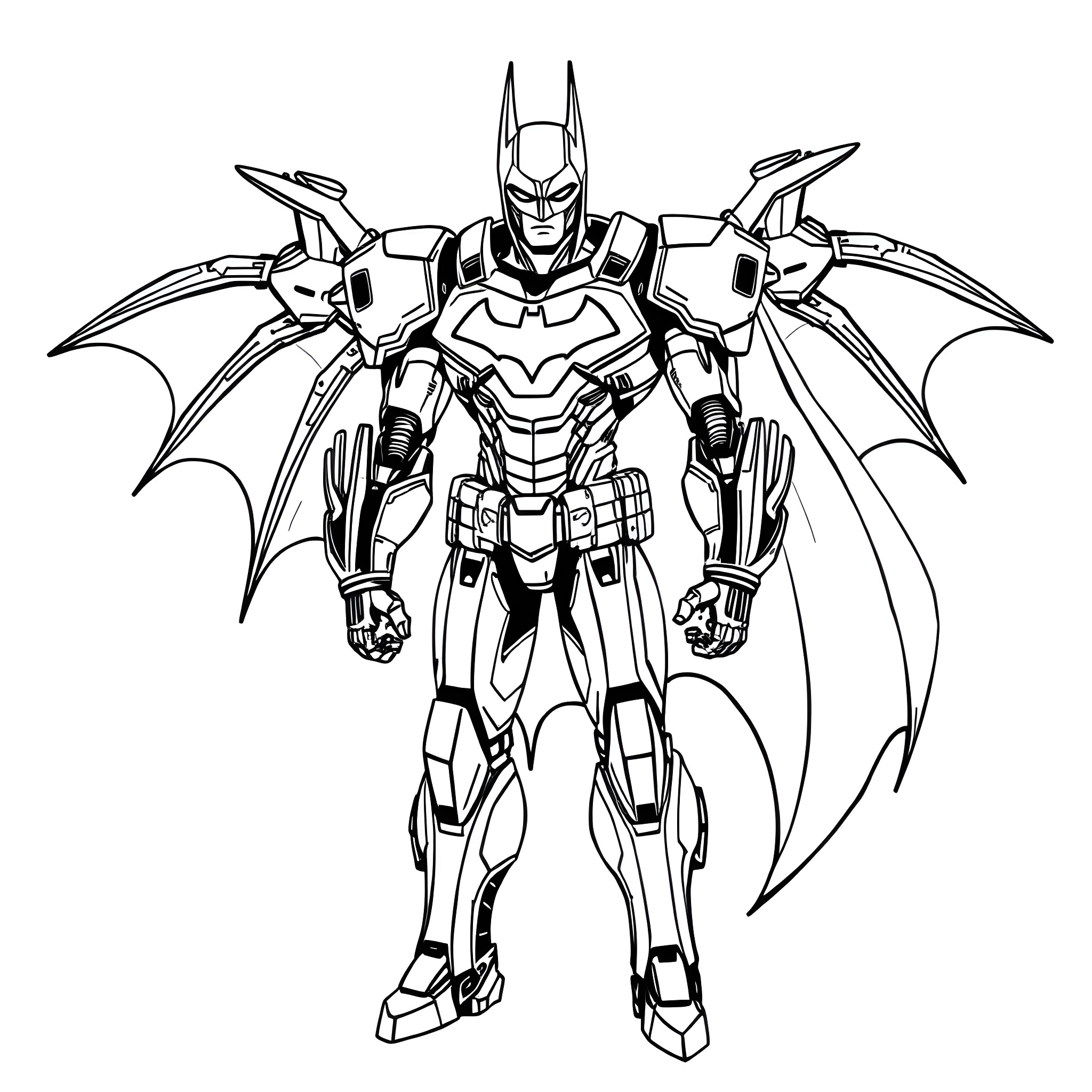 Mecha Batman in Heroic Pose Coloring Page (free black-and-white line drawing printable PDF for all, from beginners to advanced learners, including children, teens, adults, and seniors)