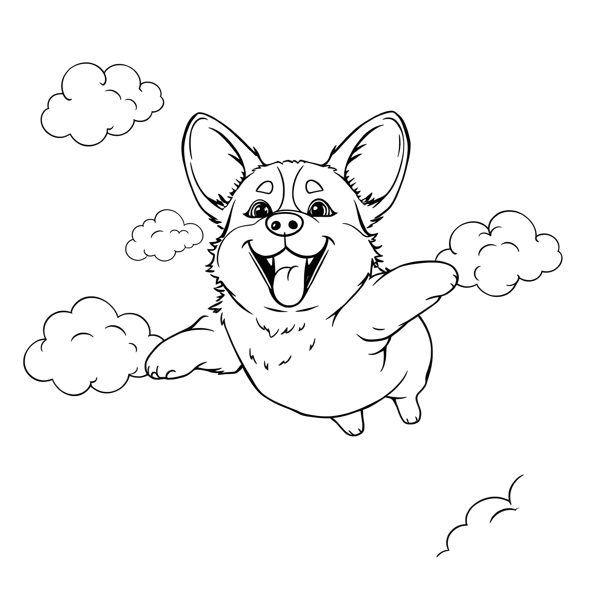 Corgi dog playing happily in the clouds Coloring Page (free black-and-white line drawing printable PDF for all, from beginners to advanced learners, including children, teens, adults, and seniors)