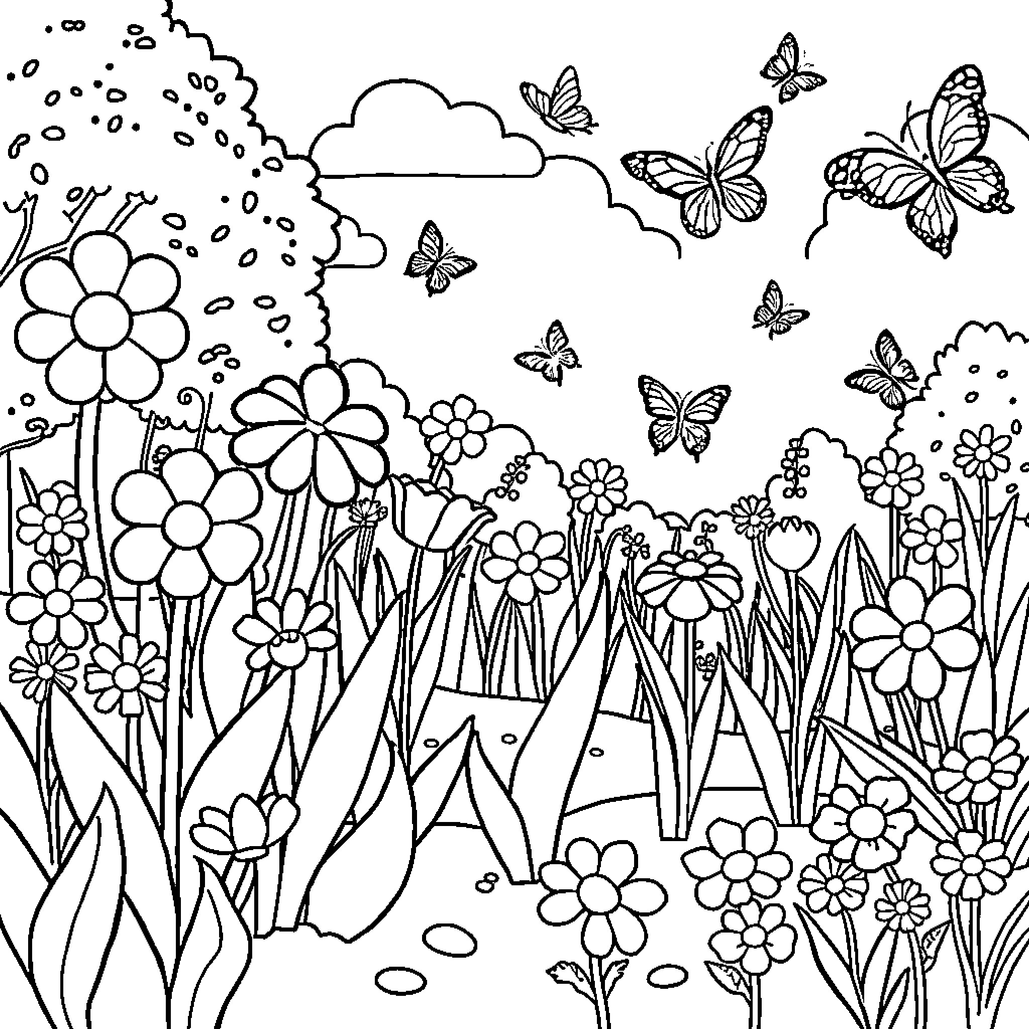 Flower Garden with Butterflies Coloring Page (free black-and-white line drawing printable PDF for all, from beginners to advanced learners, including children, teens, adults, and seniors)