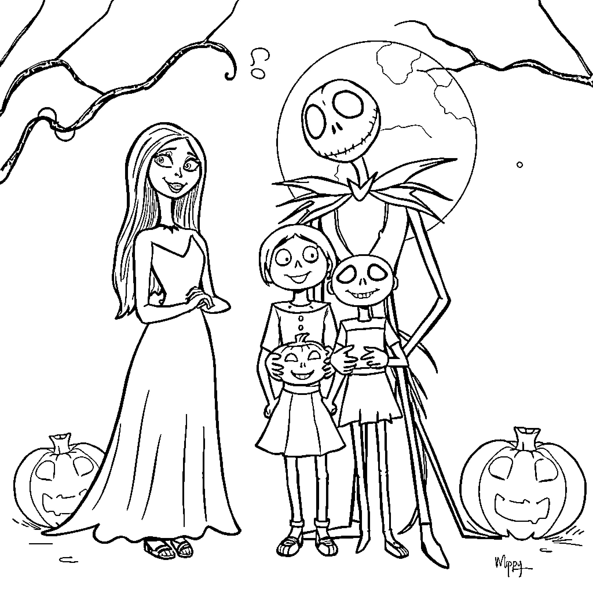 Sally's Spooky Family Outing Coloring Page (free black-and-white line drawing printable PDF for all, from beginners to advanced learners, including children, teens, adults, and seniors)