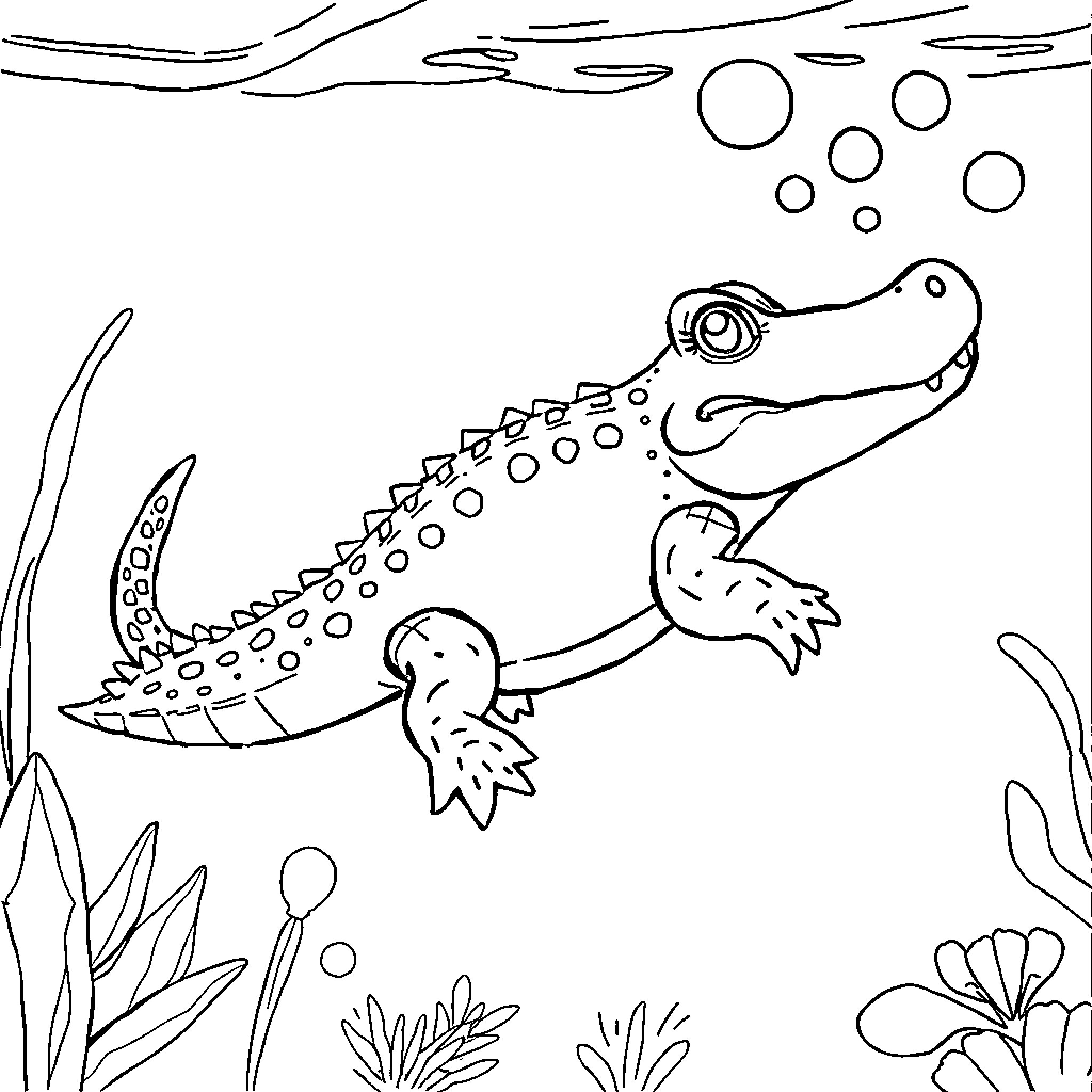 Alligator swimming playfully in the water Coloring Page (free black-and-white line drawing printable PDF for all, from beginners to advanced learners, including children, teens, adults, and seniors)