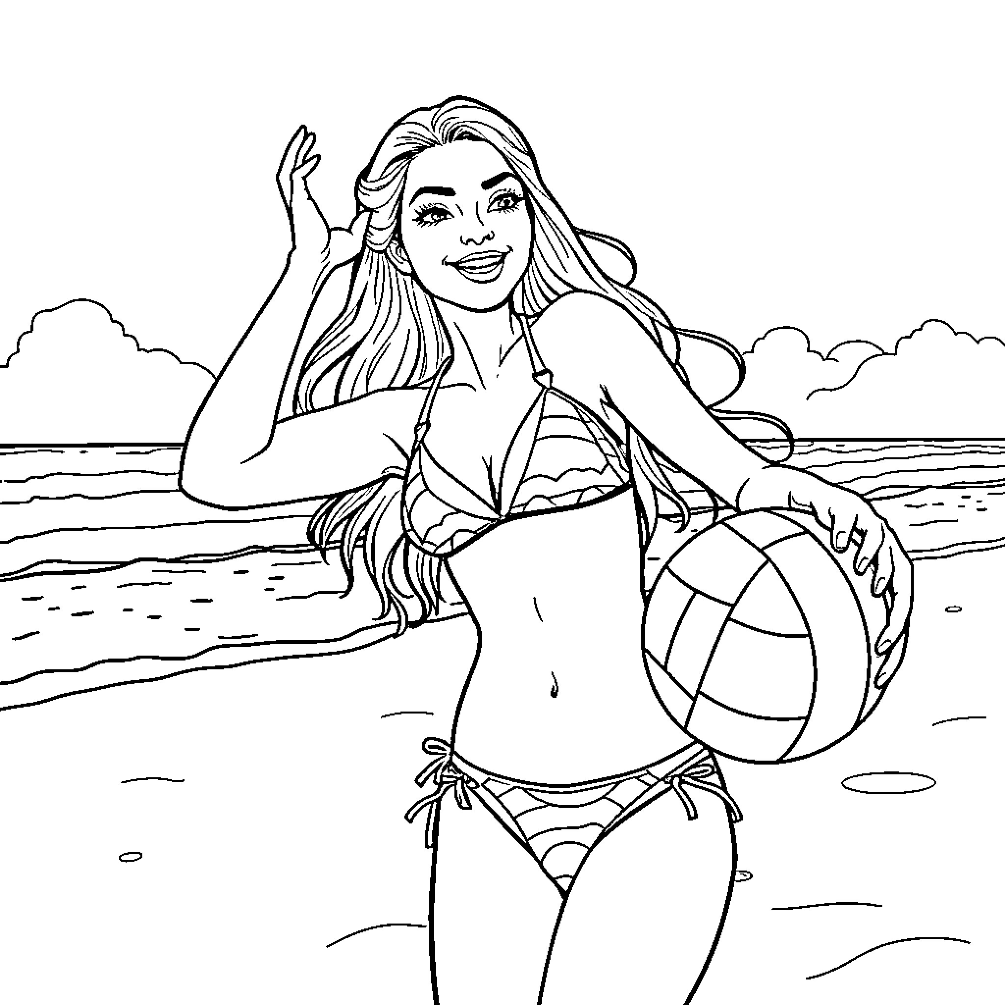 Girl enjoying the beach with a beach ball Coloring Page (free black-and-white line drawing printable PDF for all, from beginners to advanced learners, including children, teens, adults, and seniors)