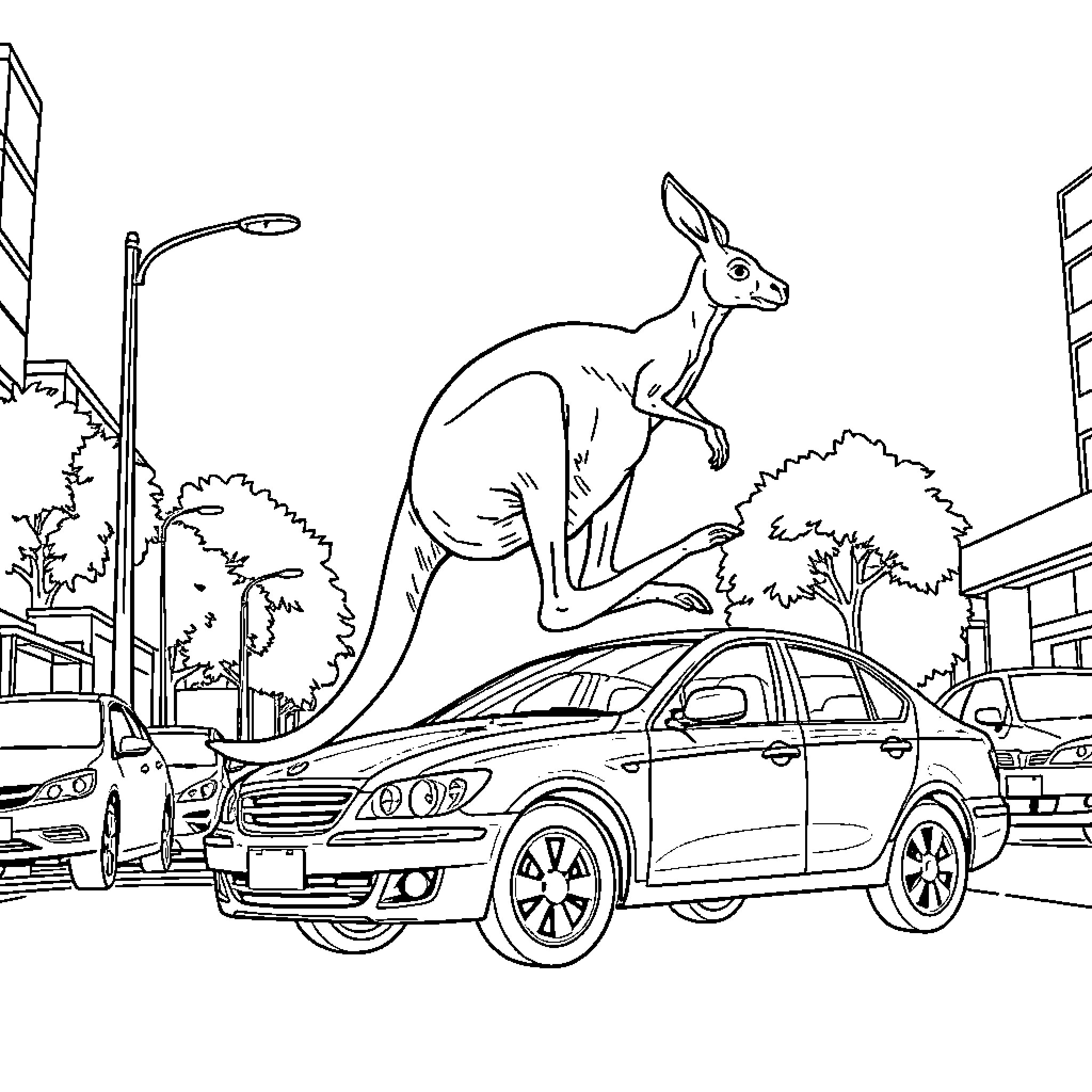 Kangaroo jumping over a car on a city street Coloring Page (free black-and-white line drawing printable PDF for all, from beginners to advanced learners, including children, teens, adults, and seniors)
