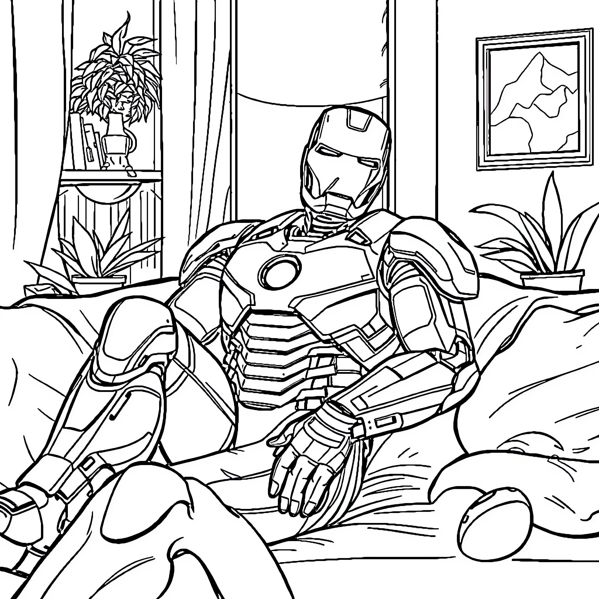 Ironman relaxing at home after a heroic mission Coloring Page (free black-and-white line drawing printable PDF for all, from beginners to advanced learners, including children, teens, adults, and seniors)