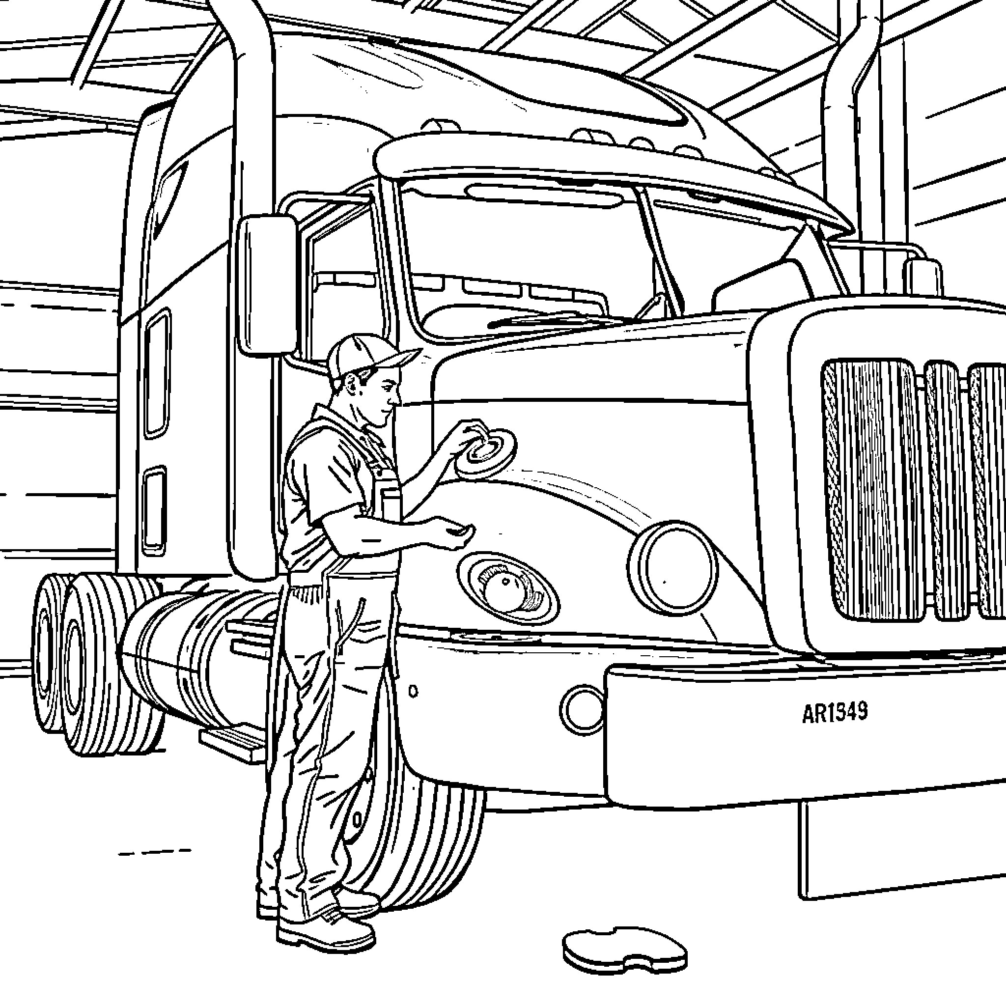 Mechanic inspecting and repairing a large truck in the garage Coloring Page (free black-and-white line drawing printable PDF for all, from beginners to advanced learners, including children, teens, adults, and seniors)