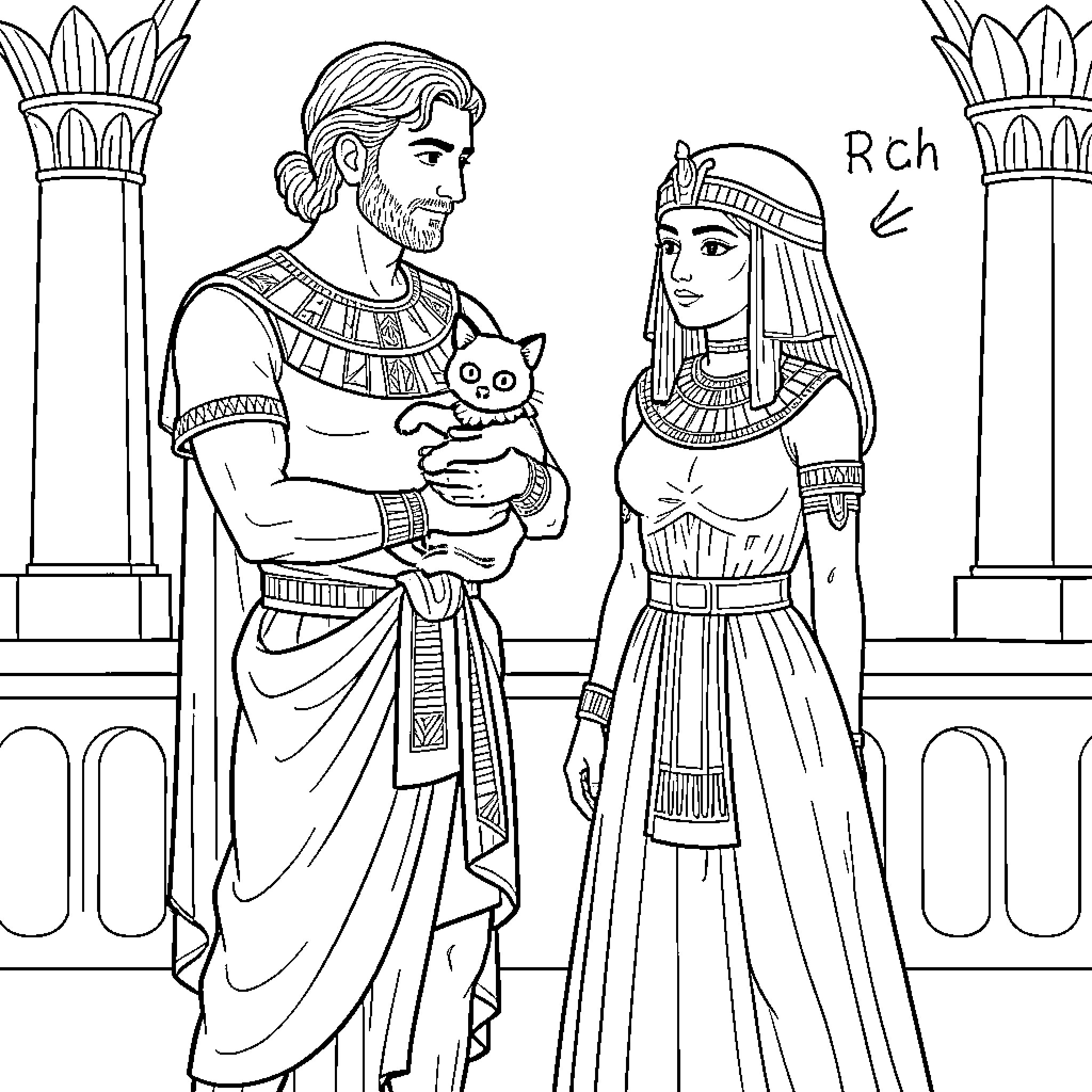 Caesar and Cleopatra in Ancient Egyptian Attire Coloring Page (free black-and-white line drawing printable PDF for all, from beginners to advanced learners, including children, teens, adults, and seniors)