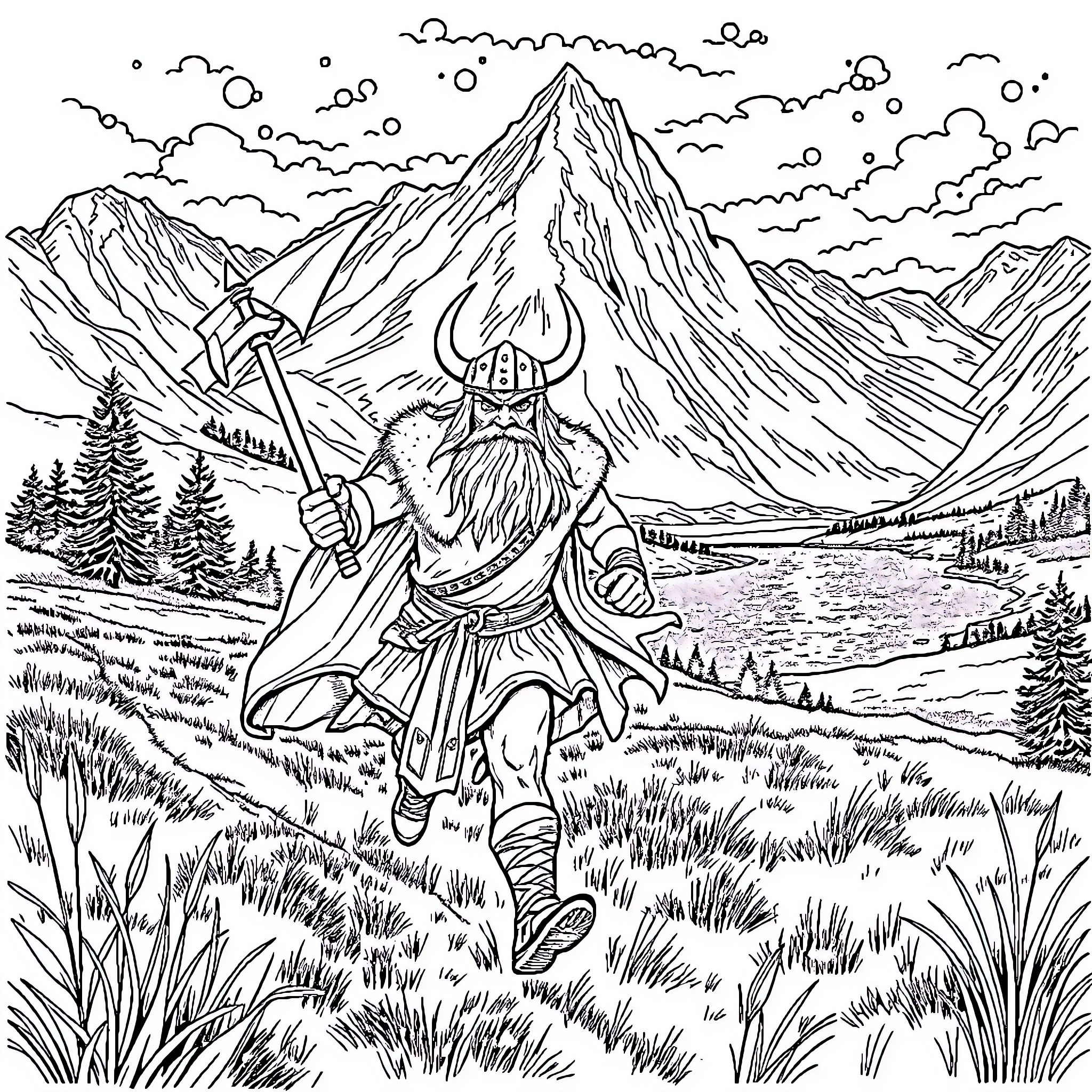 Viking Warrior Stands Triumphantly in Snowy Mountain Landscape Coloring Page (free black-and-white line drawing printable PDF for all, from beginners to advanced learners, including children, teens, adults, and seniors)