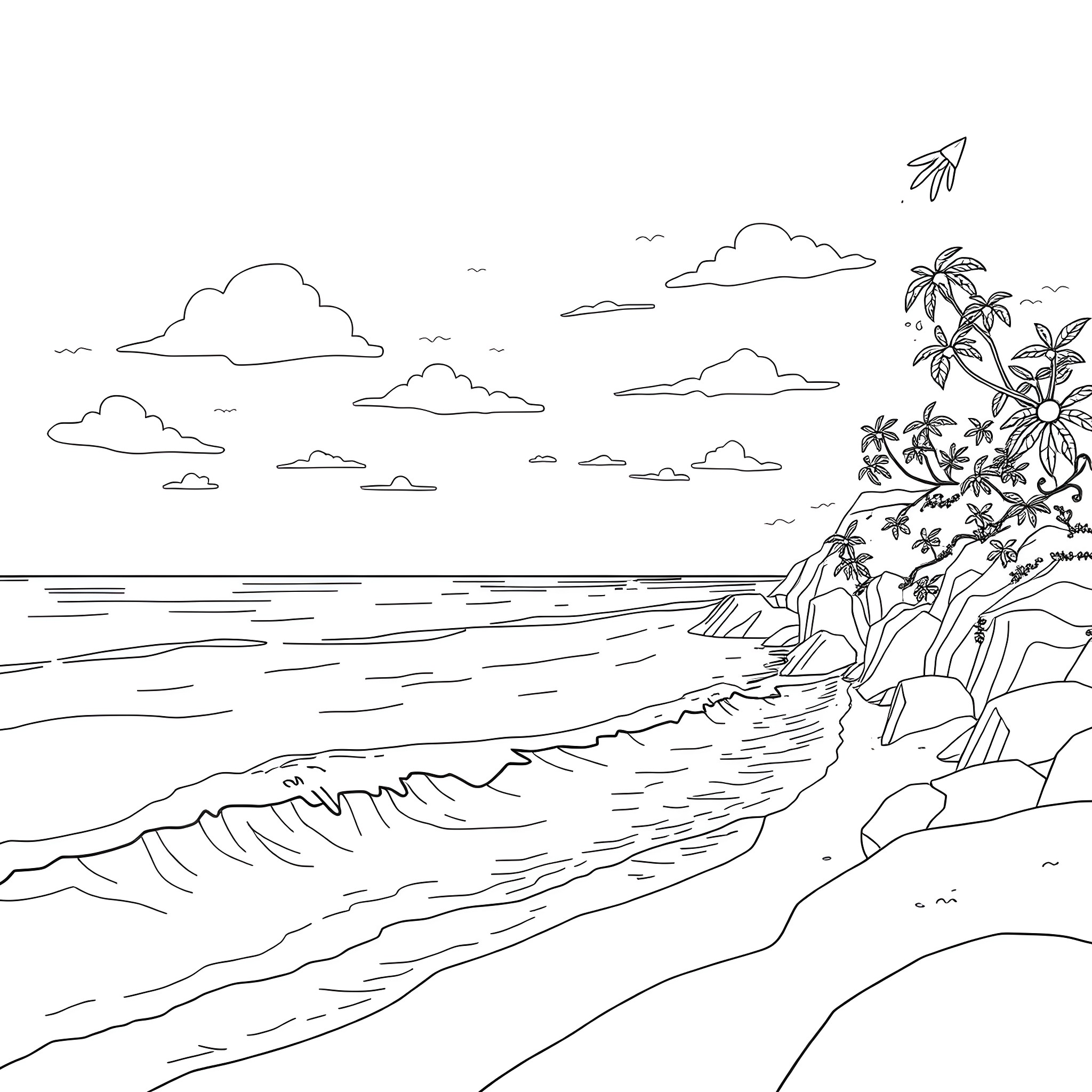 Satisfaction in the Tropical Seascape Coloring Page (free black-and-white line drawing printable PDF for all, from beginners to advanced learners, including children, teens, adults, and seniors)
