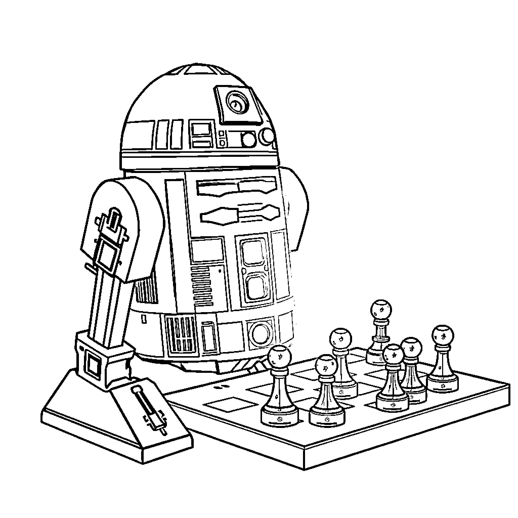 R2D2 playing strategic game with chess pieces Coloring Page (free black-and-white line drawing printable PDF for all, from beginners to advanced learners, including children, teens, adults, and seniors)