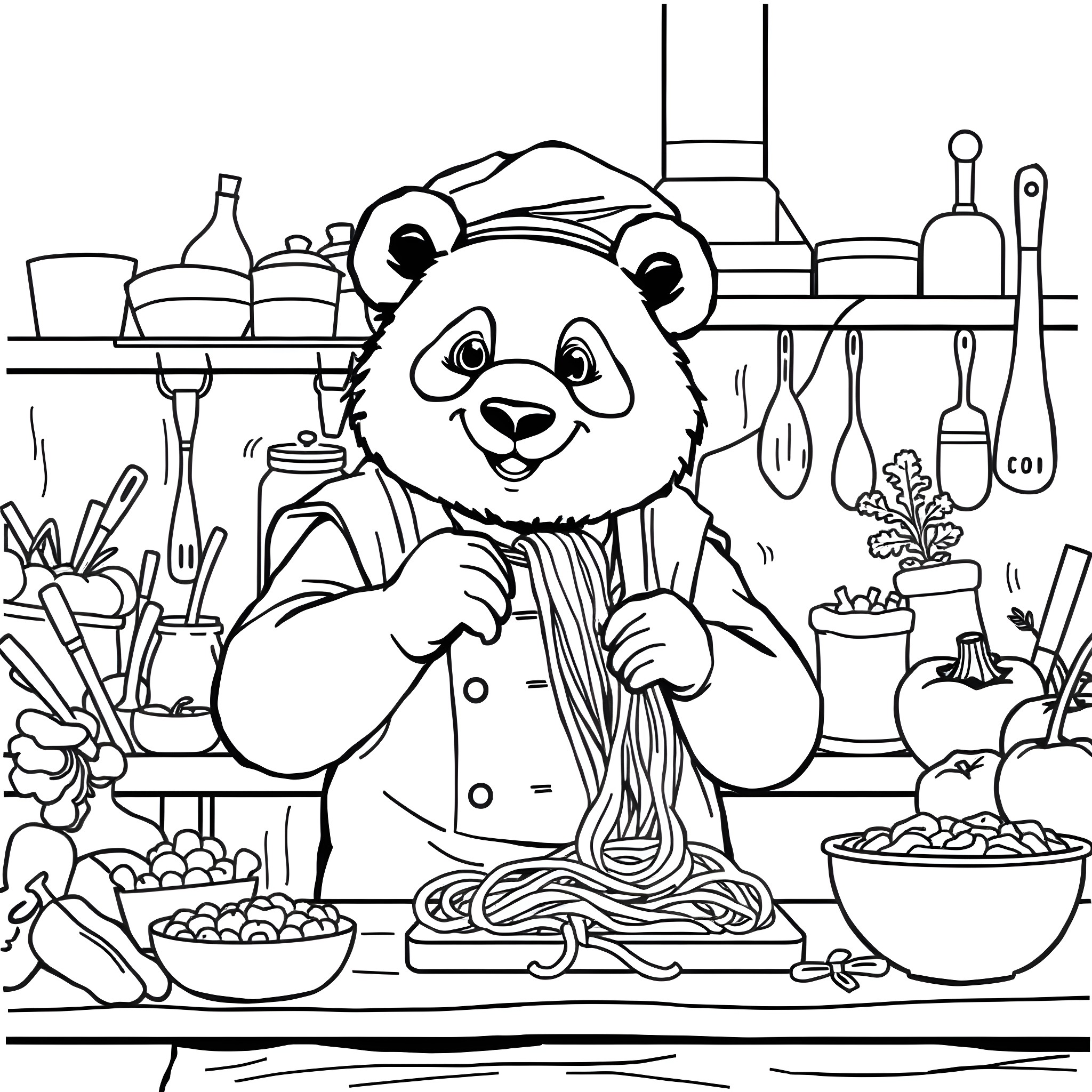 Panda Chef Preparing Delicious Dishes in the Kitchen Coloring Page (free black-and-white line drawing printable PDF for all, from beginners to advanced learners, including children, teens, adults, and seniors)