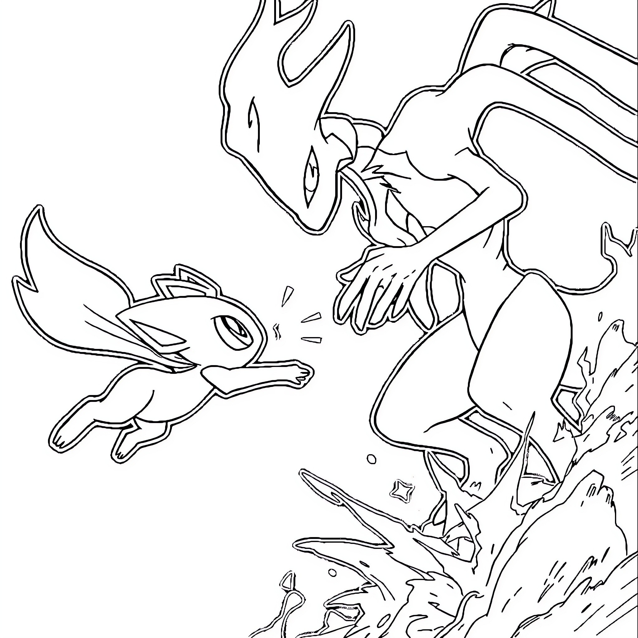 Pokémon creatures in fierce battle Coloring Page (free black-and-white line drawing printable PDF for all, from beginners to advanced learners, including children, teens, adults, and seniors)