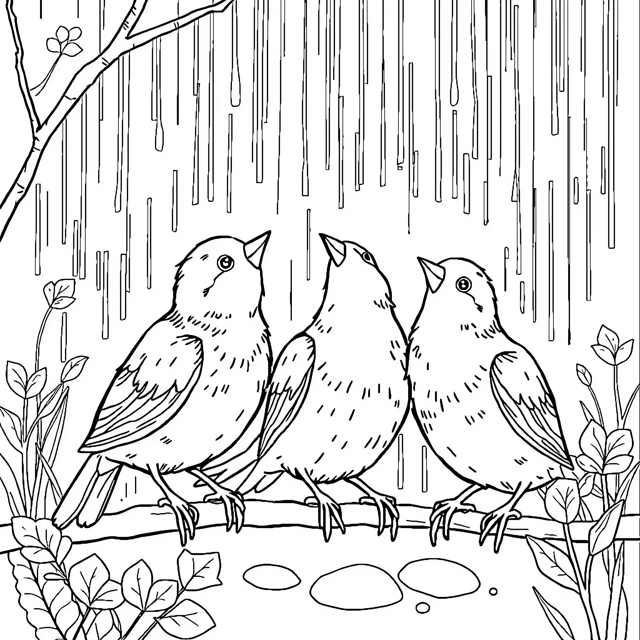 Hen birds sheltering from the rain Coloring Page (free black-and-white line drawing printable PDF for all, from beginners to advanced learners, including children, teens, adults, and seniors)