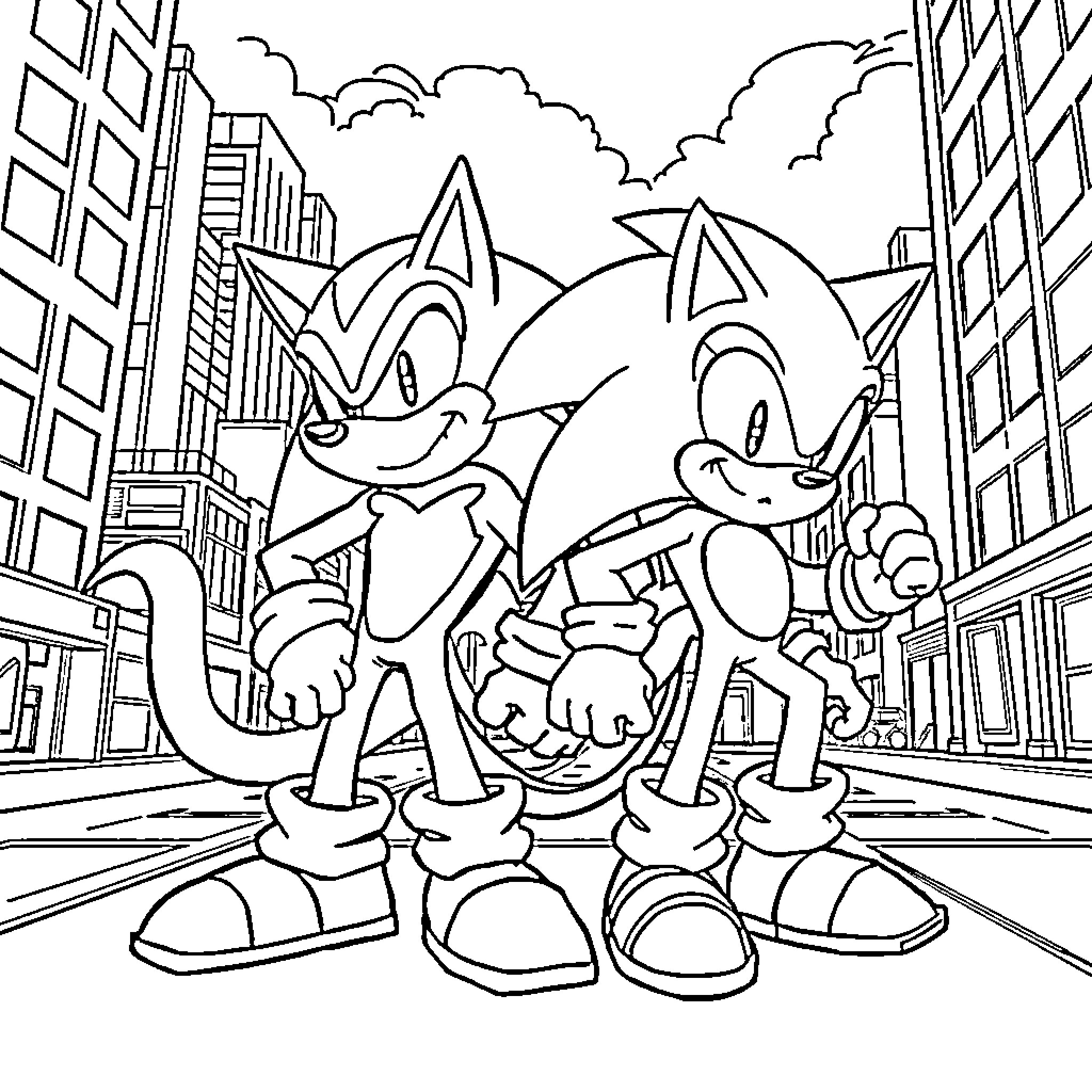 Dogman Sonic and Tails in City Adventure Coloring Page (free black-and-white line drawing printable PDF for all, from beginners to advanced learners, including children, teens, adults, and seniors)