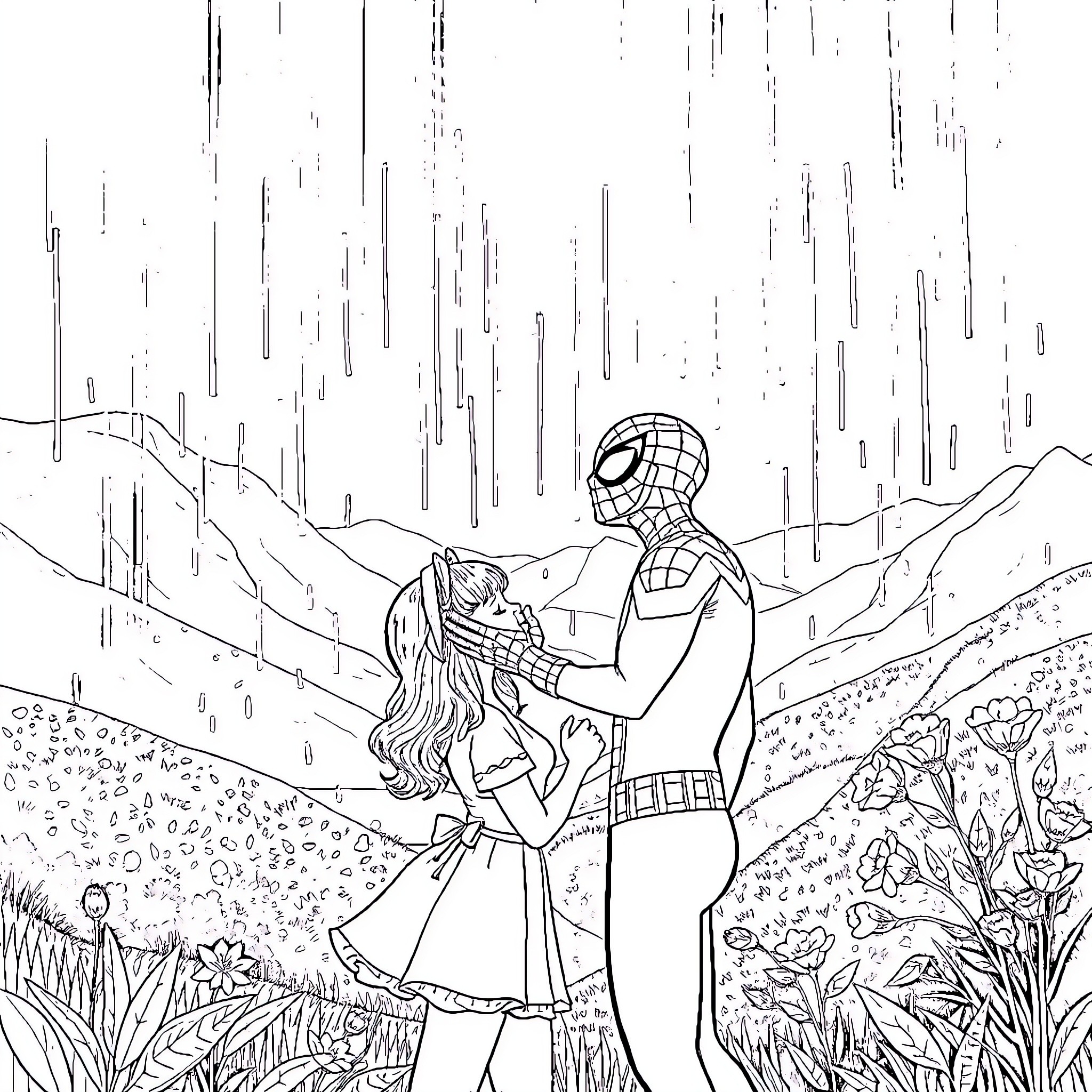 Spider-Man embracing a woman in the rain Coloring Page (free black-and-white line drawing printable PDF for all, from beginners to advanced learners, including children, teens, adults, and seniors)