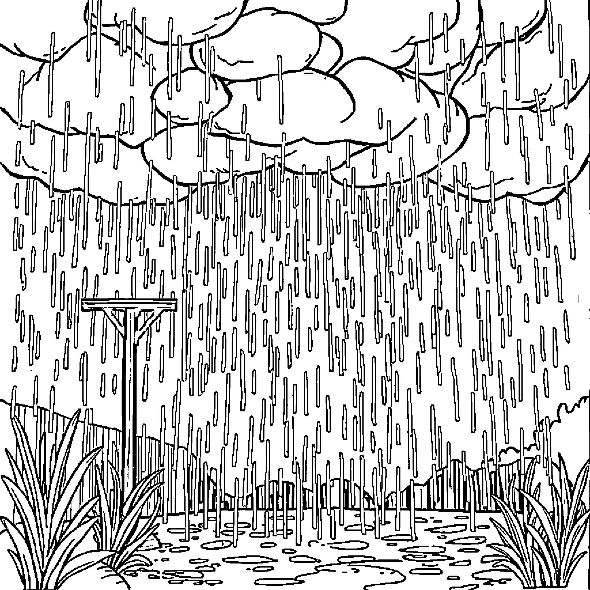 Violet Storm - Heavy Rainfall in Scenic Landscape Coloring Page (free black-and-white line drawing printable PDF for all, from beginners to advanced learners, including children, teens, adults, and seniors)