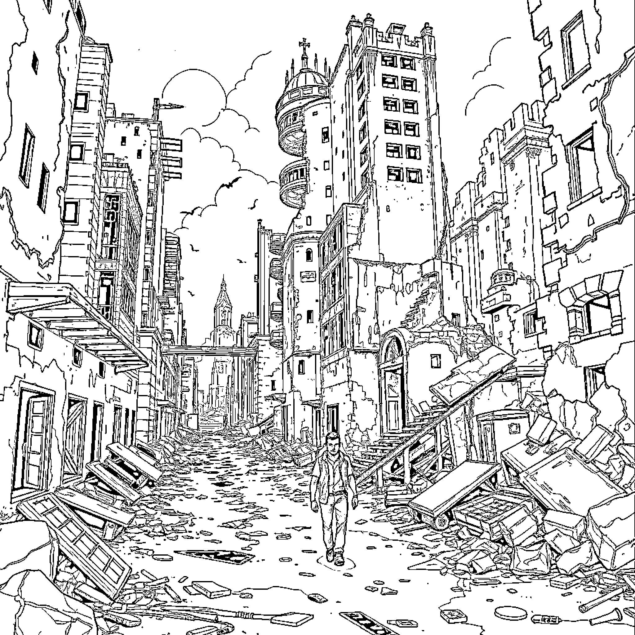 Survivor in a Ruined Cityscape Coloring Page (free black-and-white line drawing printable PDF for all, from beginners to advanced learners, including children, teens, adults, and seniors)