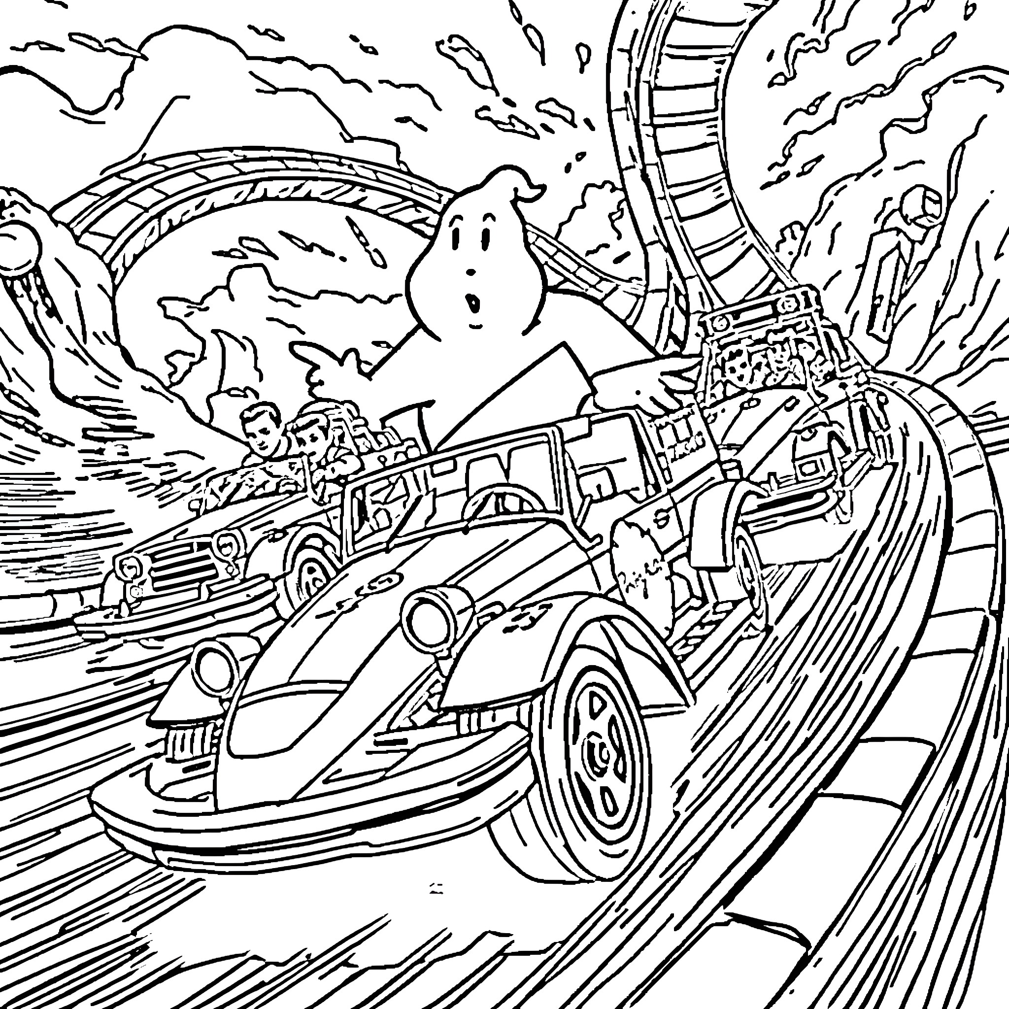 Ghostbusters in a wild ride through the paranormal Coloring Page (free black-and-white line drawing printable PDF for all, from beginners to advanced learners, including children, teens, adults, and seniors)