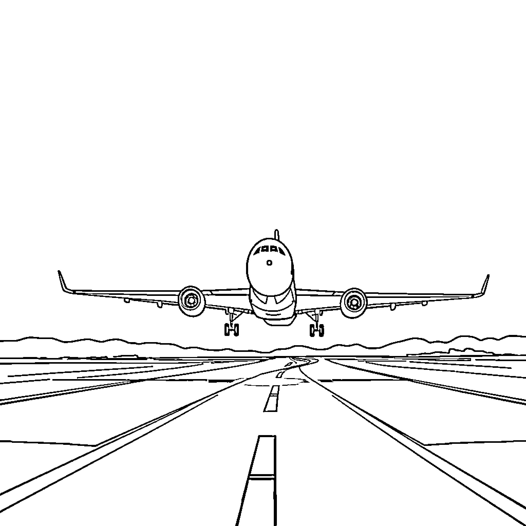 Airplane taking off from airport runway Coloring Page (free black-and-white line drawing printable PDF for all, from beginners to advanced learners, including children, teens, adults, and seniors)