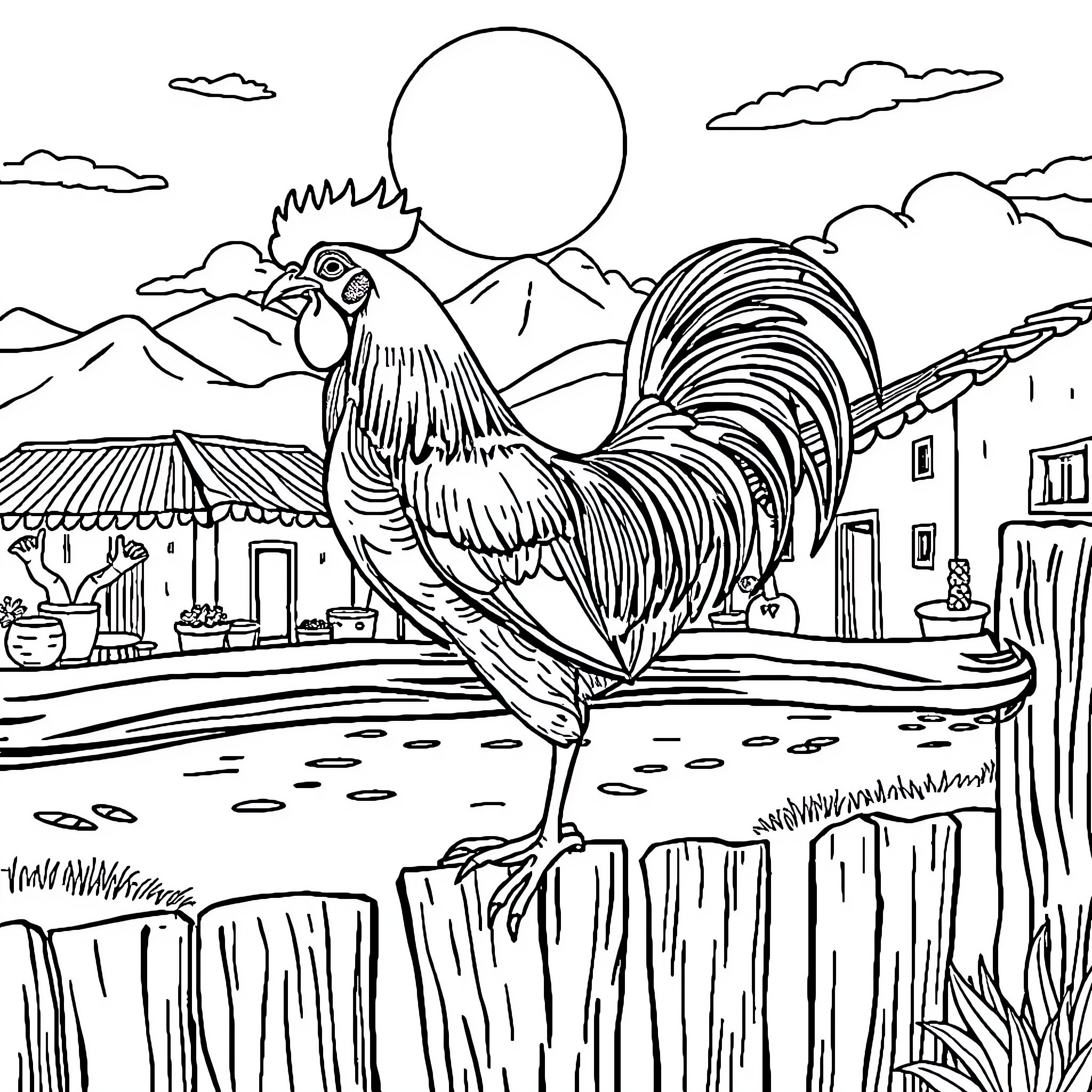 Rooster crowing atop a rural landscape Coloring Page (free black-and-white line drawing printable PDF for all, from beginners to advanced learners, including children, teens, adults, and seniors)