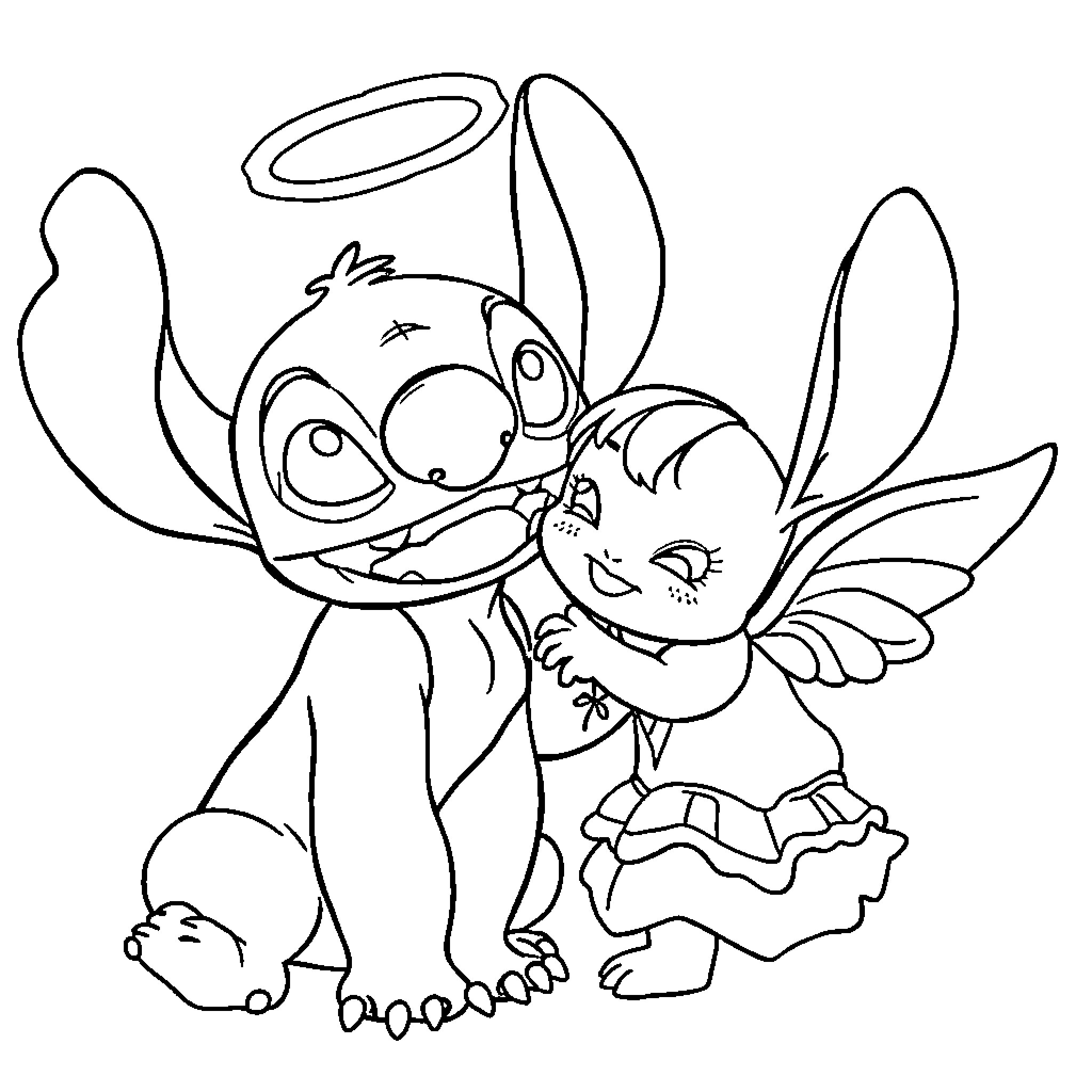 Stitch and Angel sharing a friendly embrace Coloring Page (free black-and-white line drawing printable PDF for all, from beginners to advanced learners, including children, teens, adults, and seniors)