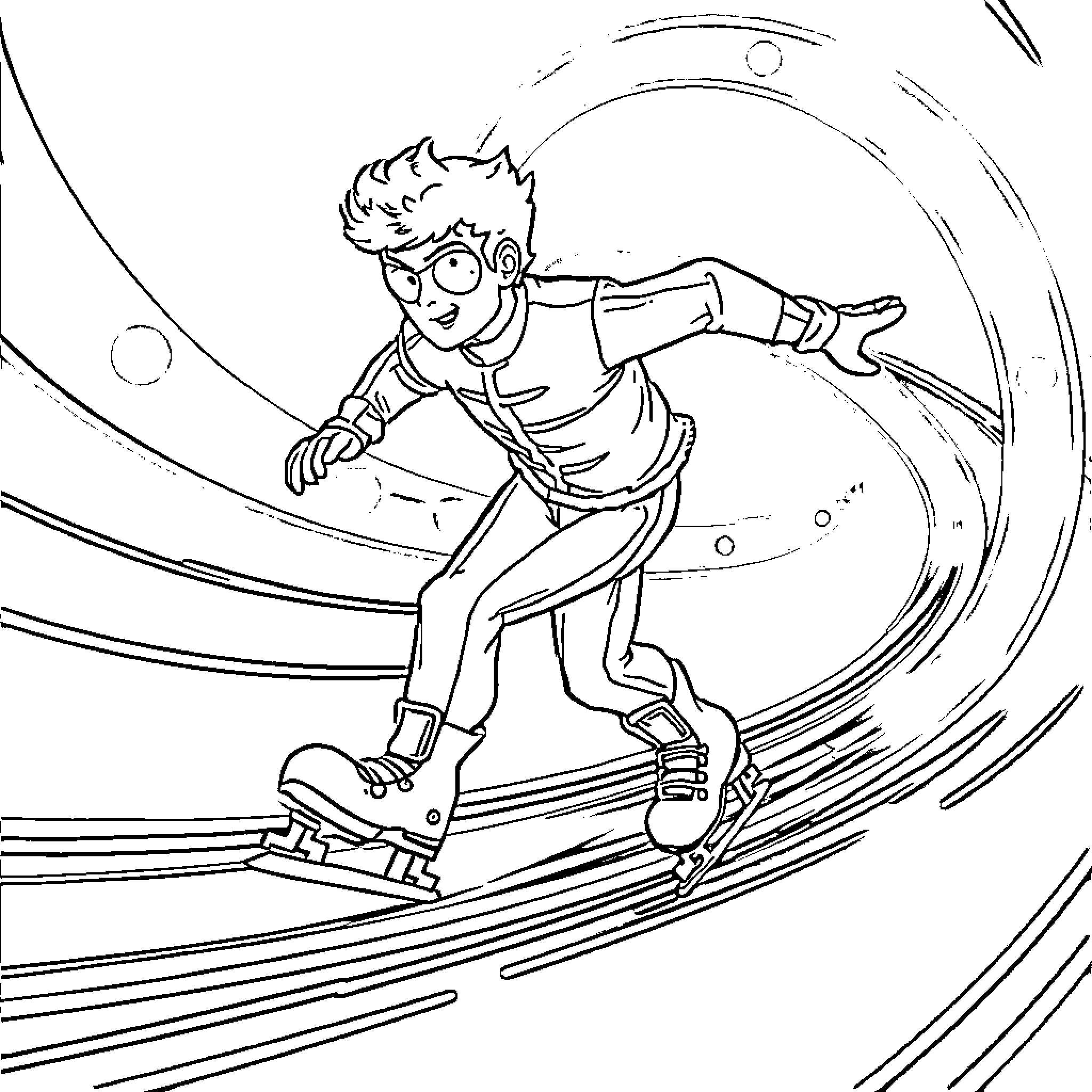 Greaseball racing through cosmic speedway Coloring Page (free black-and-white line drawing printable PDF for all, from beginners to advanced learners, including children, teens, adults, and seniors)