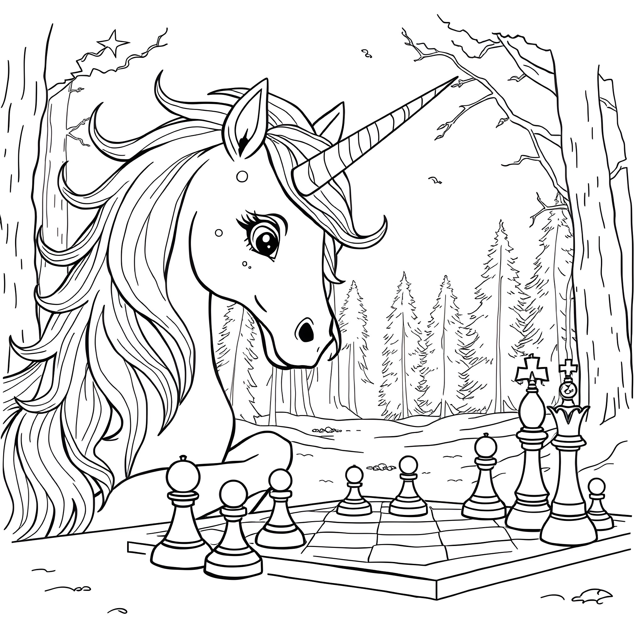 Ziggystardust unicorn playing chess in the magical forest Coloring Page (free black-and-white line drawing printable PDF for all, from beginners to advanced learners, including children, teens, adults, and seniors)