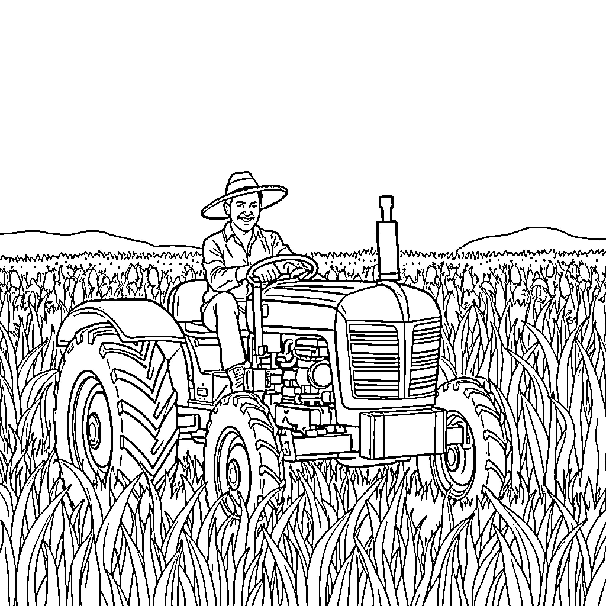 Tractor farmer operating in crop field Coloring Page (free black-and-white line drawing printable PDF for all, from beginners to advanced learners, including children, teens, adults, and seniors)