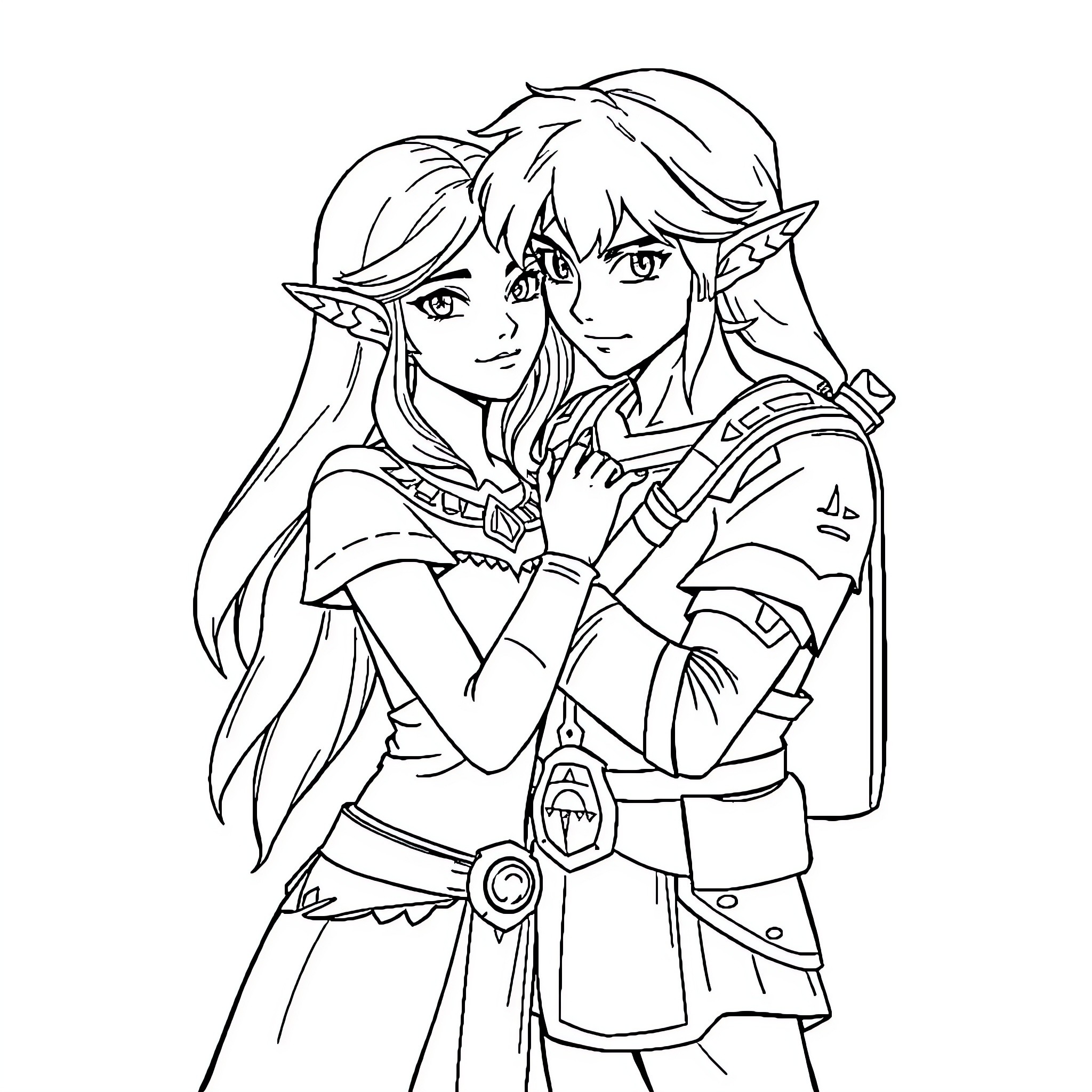 Princess Zelda in adventurous attire with sword Coloring Page (free black-and-white line drawing printable PDF for all, from beginners to advanced learners, including children, teens, adults, and seniors)