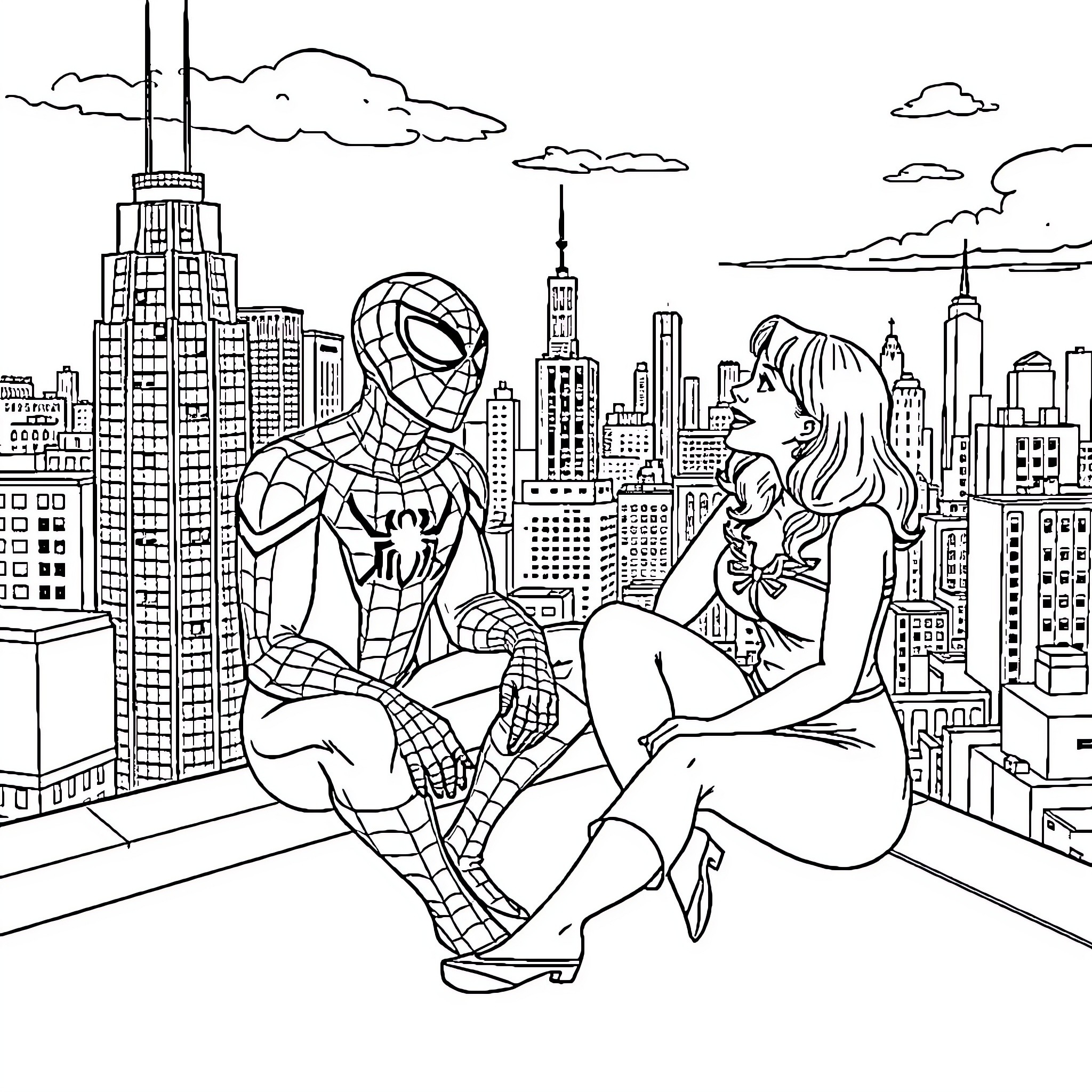 Spider-Man and woman relaxing on rooftop with city skyline Coloring Page (free black-and-white line drawing printable PDF for all, from beginners to advanced learners, including children, teens, adults, and seniors)