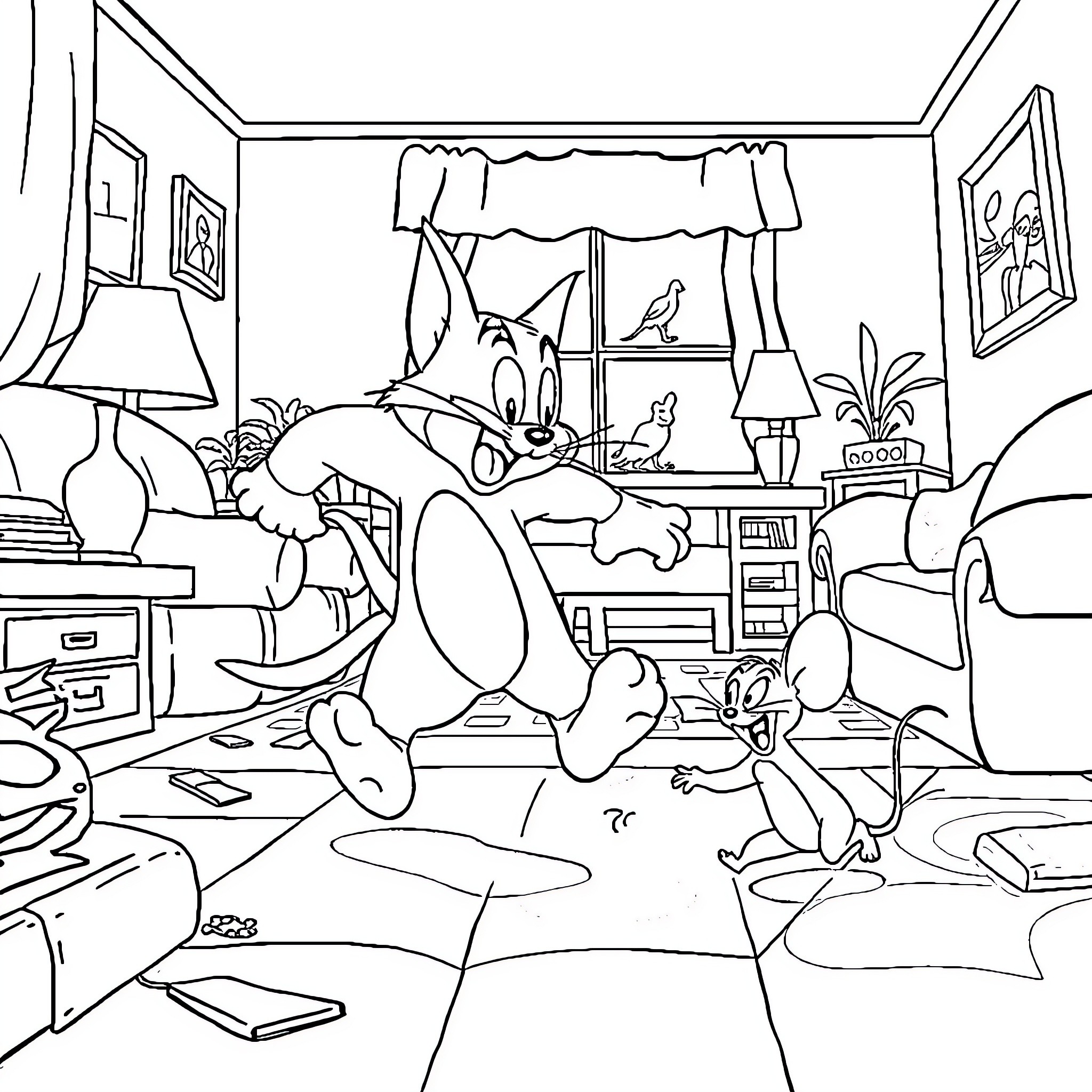 Tom and Jerry's Chaotic Indoor Adventure Coloring Page (free black-and-white line drawing printable PDF for all, from beginners to advanced learners, including children, teens, adults, and seniors)
