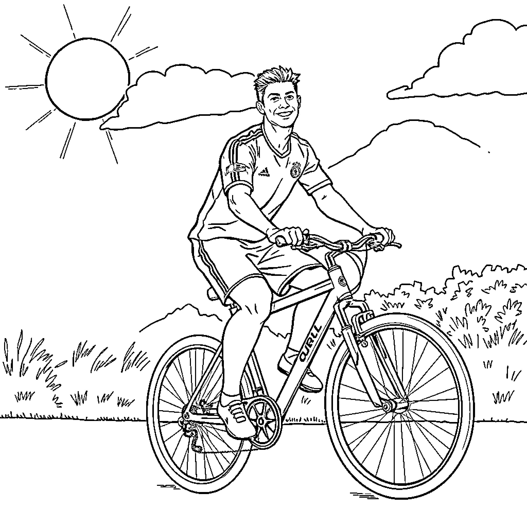 Cristiano Ronaldo enjoying a bicycle ride in nature Coloring Page (free black-and-white line drawing printable PDF for all, from beginners to advanced learners, including children, teens, adults, and seniors)
