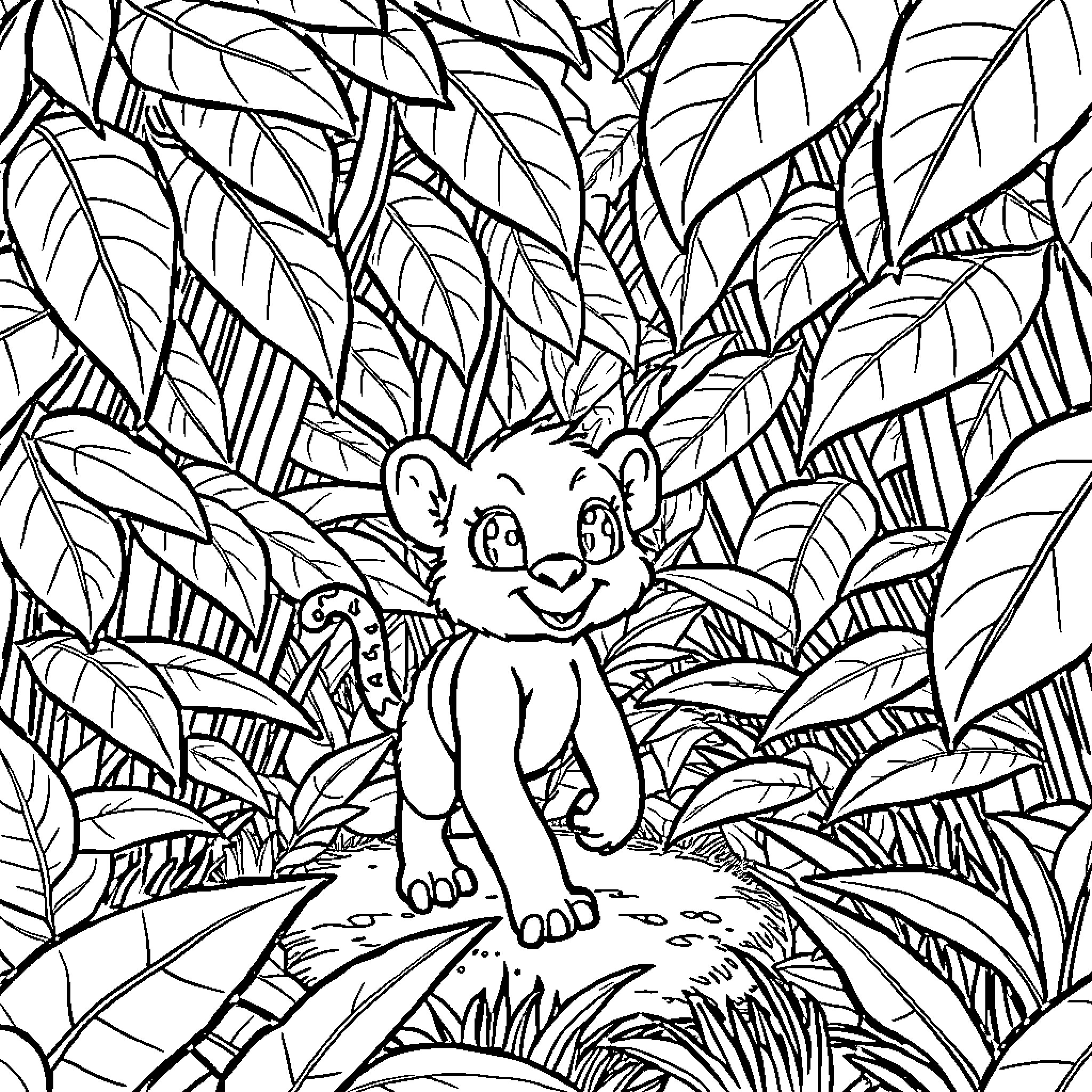 Dachshund exploring the lush jungle foliage Coloring Page (free black-and-white line drawing printable PDF for all, from beginners to advanced learners, including children, teens, adults, and seniors)