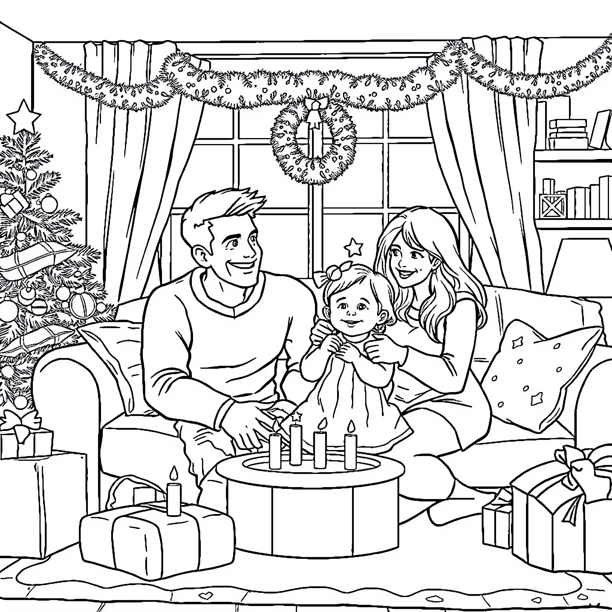 Family celebrating together during the holiday season Coloring Page (free black-and-white line drawing printable PDF for all, from beginners to advanced learners, including children, teens, adults, and seniors)