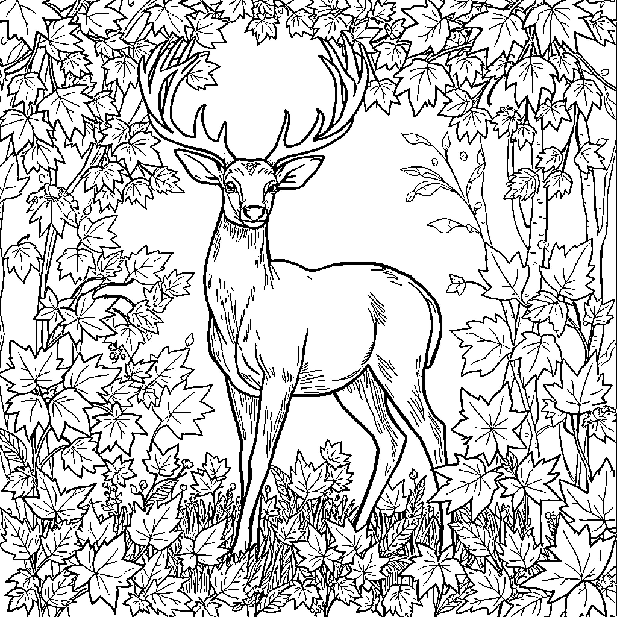 Deer in a Serene Autumn Landscape Coloring Page (free black-and-white line drawing printable PDF for all, from beginners to advanced learners, including children, teens, adults, and seniors)