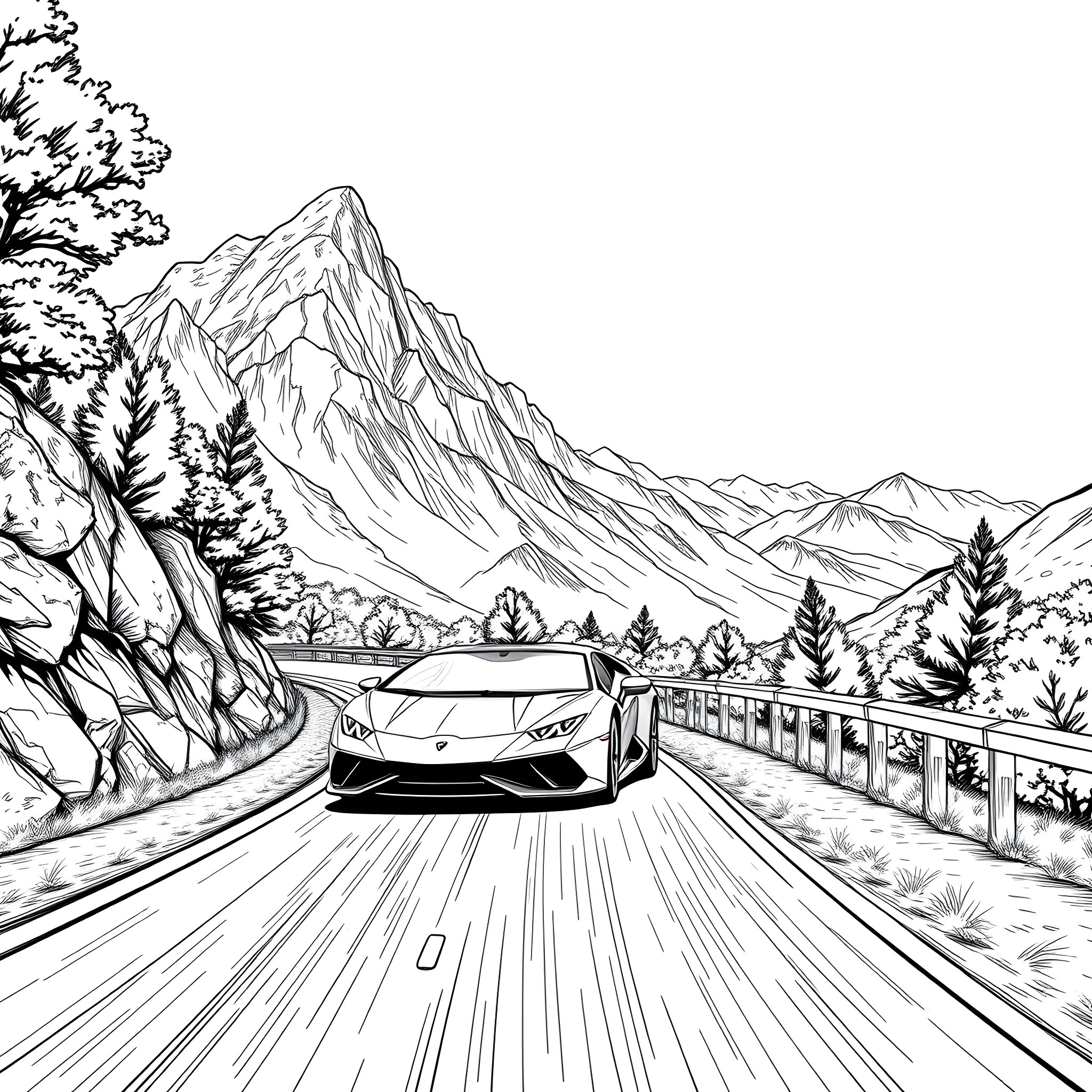 Lamborghini racing through scenic mountain landscape Coloring Page (free black-and-white line drawing printable PDF for all, from beginners to advanced learners, including children, teens, adults, and seniors)