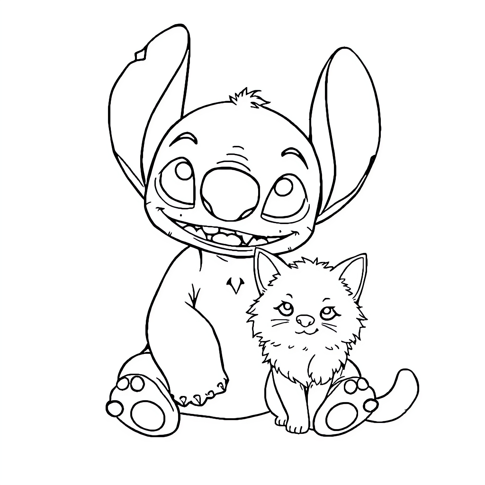 Stitch sitting with a cat friend Coloring Page (free black-and-white line drawing printable PDF for all, from beginners to advanced learners, including children, teens, adults, and seniors)