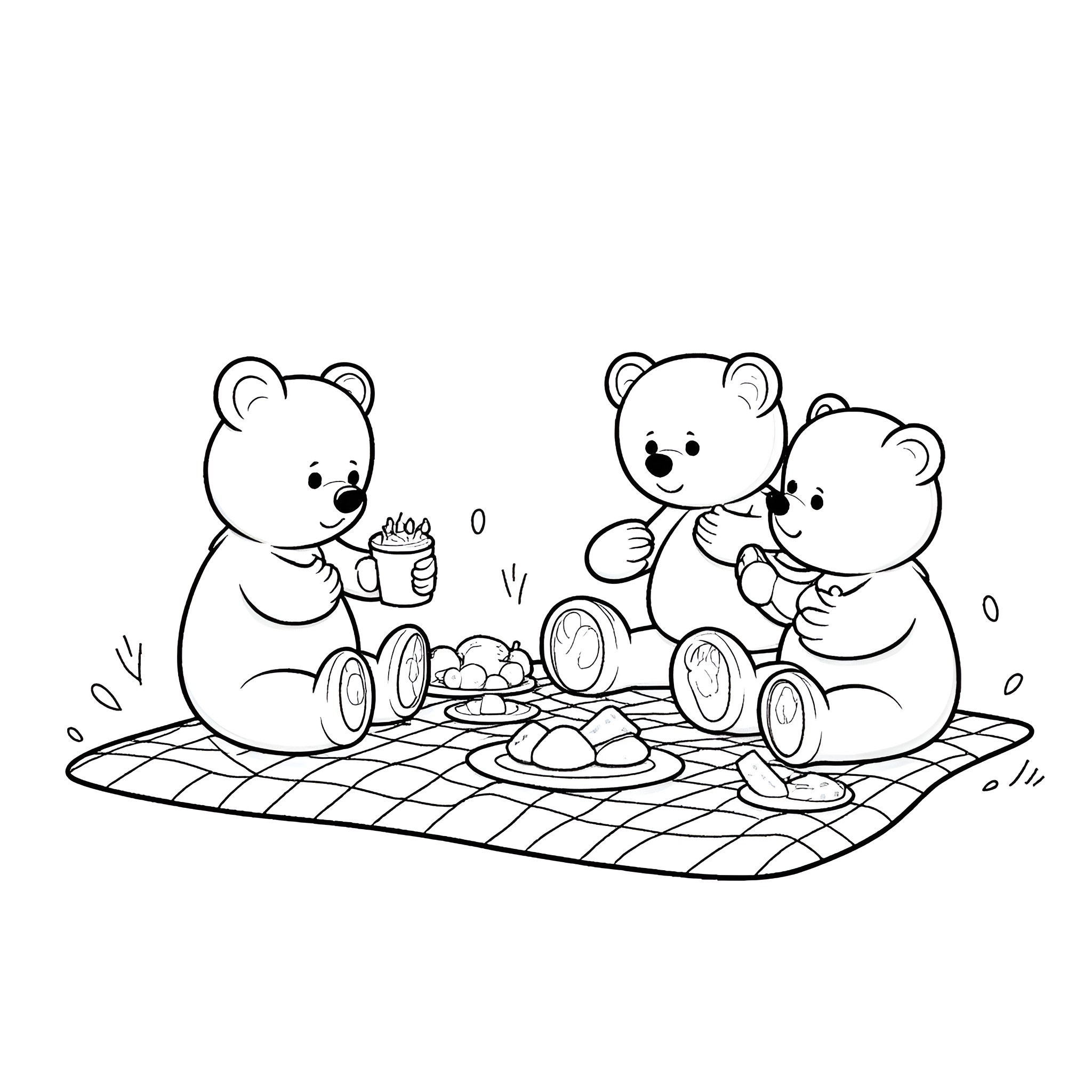 Teddy Bears enjoying a picnic together Coloring Page (free black-and-white line drawing printable PDF for all, from beginners to advanced learners, including children, teens, adults, and seniors)