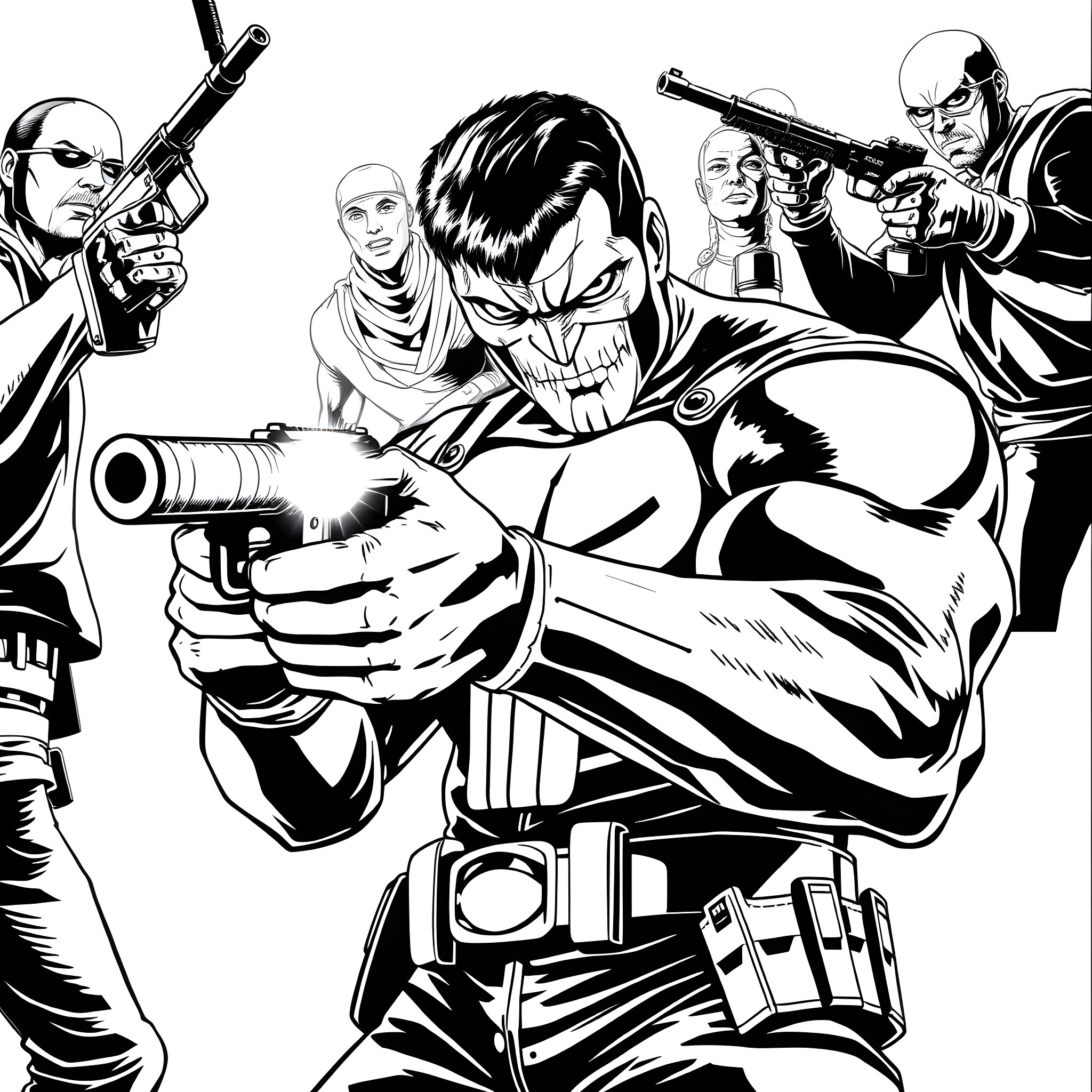 Punisher and his squad in action Coloring Page (free black-and-white line drawing printable PDF for all, from beginners to advanced learners, including children, teens, adults, and seniors)