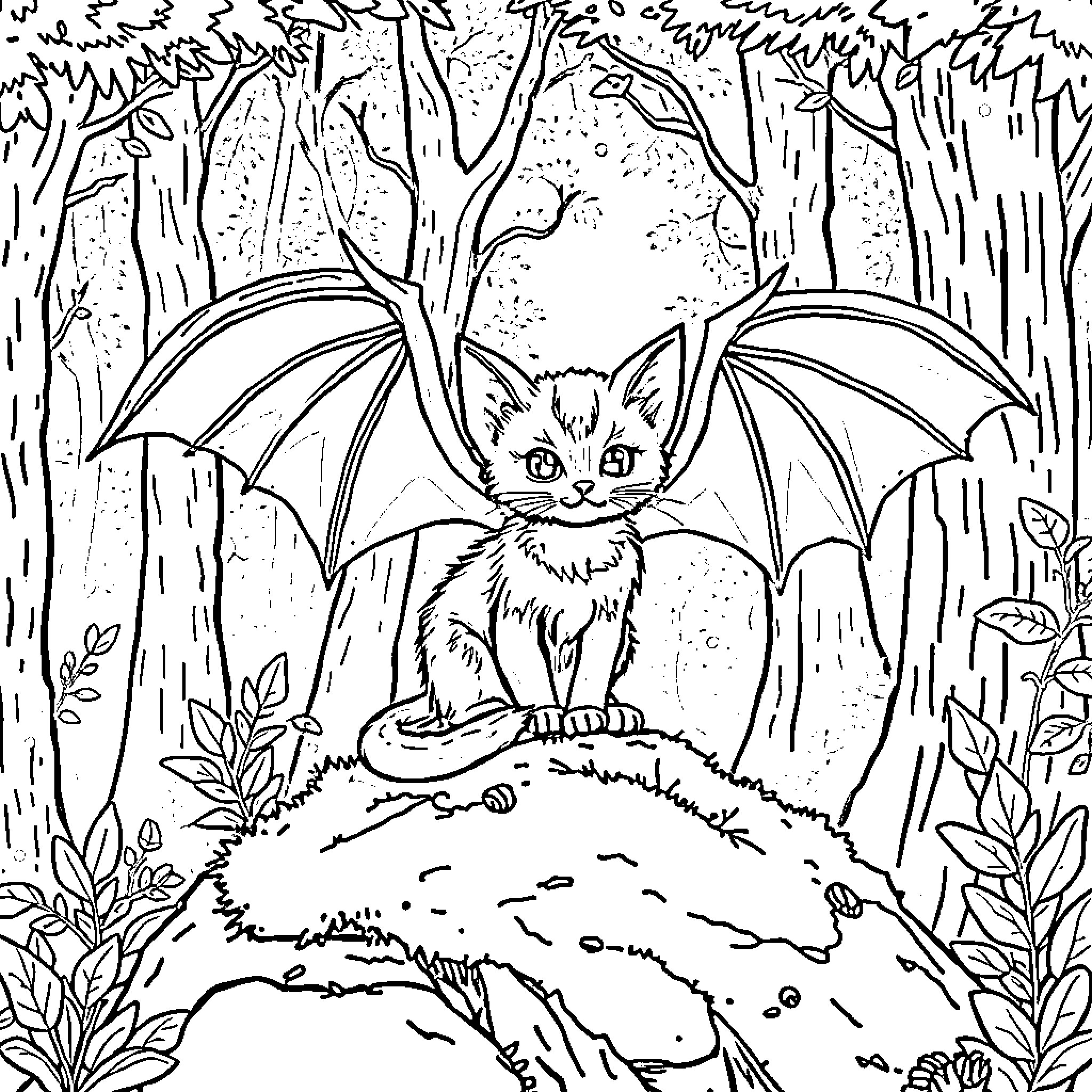 Cat with Bat Wings in the Forest Coloring Page (free black-and-white line drawing printable PDF for all, from beginners to advanced learners, including children, teens, adults, and seniors)