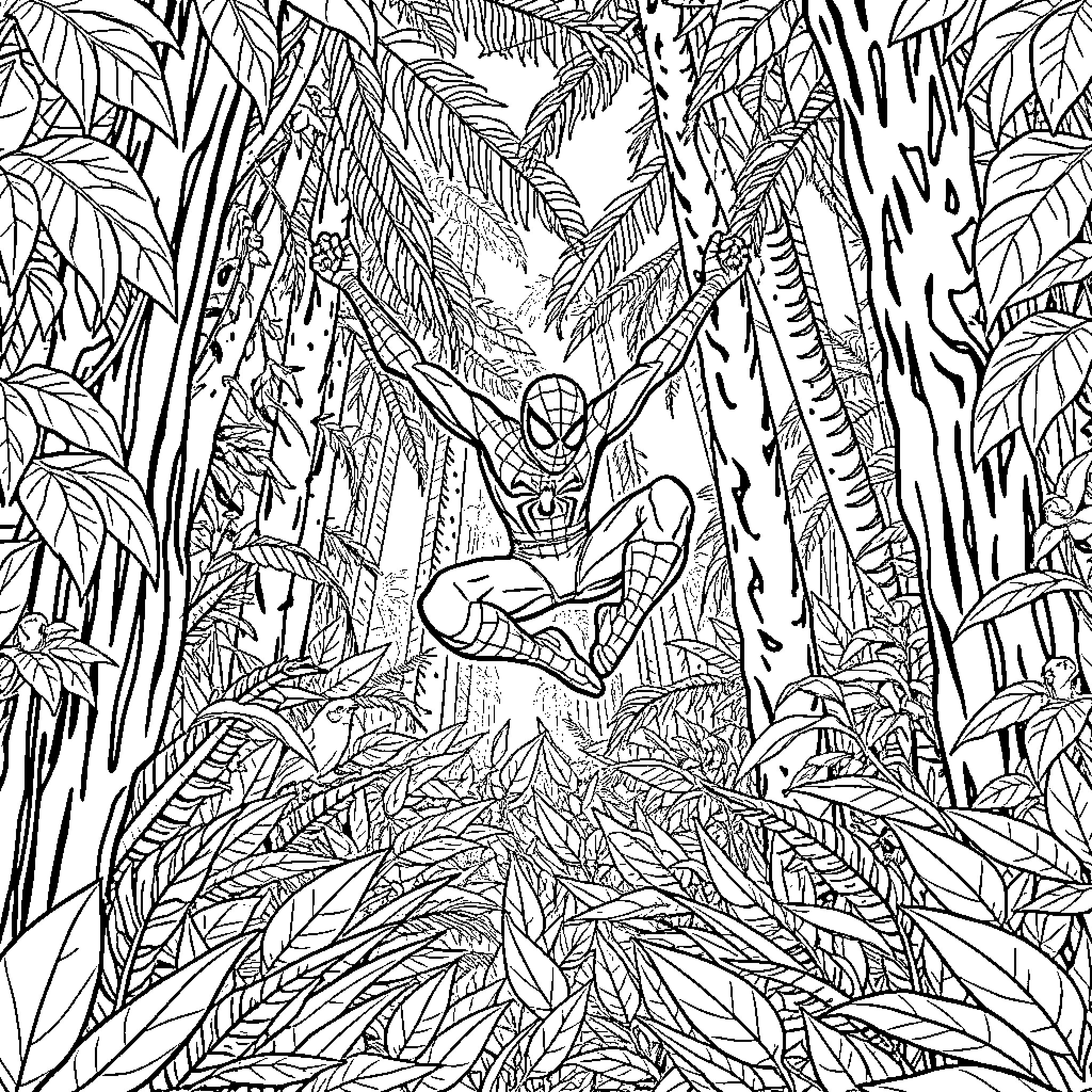 Spiderman swinging through the jungle Coloring Page (free black-and-white line drawing printable PDF for all, from beginners to advanced learners, including children, teens, adults, and seniors)