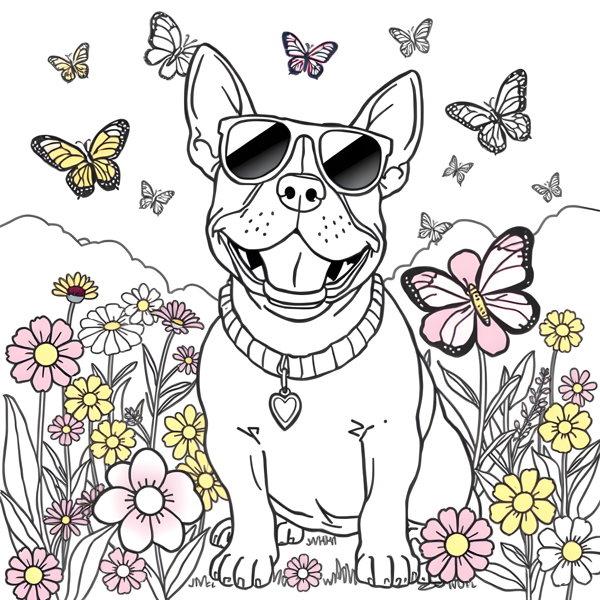 Pitbull enjoying a sunny day with butterflies and flowers Coloring Page (free black-and-white line drawing printable PDF for all, from beginners to advanced learners, including children, teens, adults, and seniors)
