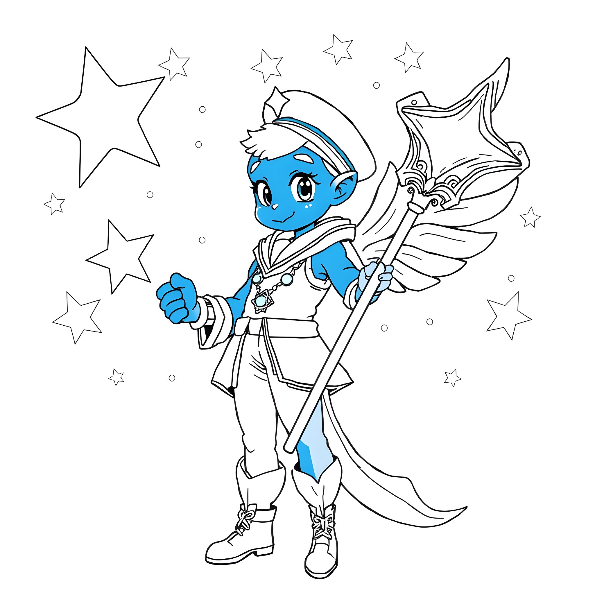 Bluey in Space Adventure with Stars Coloring Page (free black-and-white line drawing printable PDF for all, from beginners to advanced learners, including children, teens, adults, and seniors)