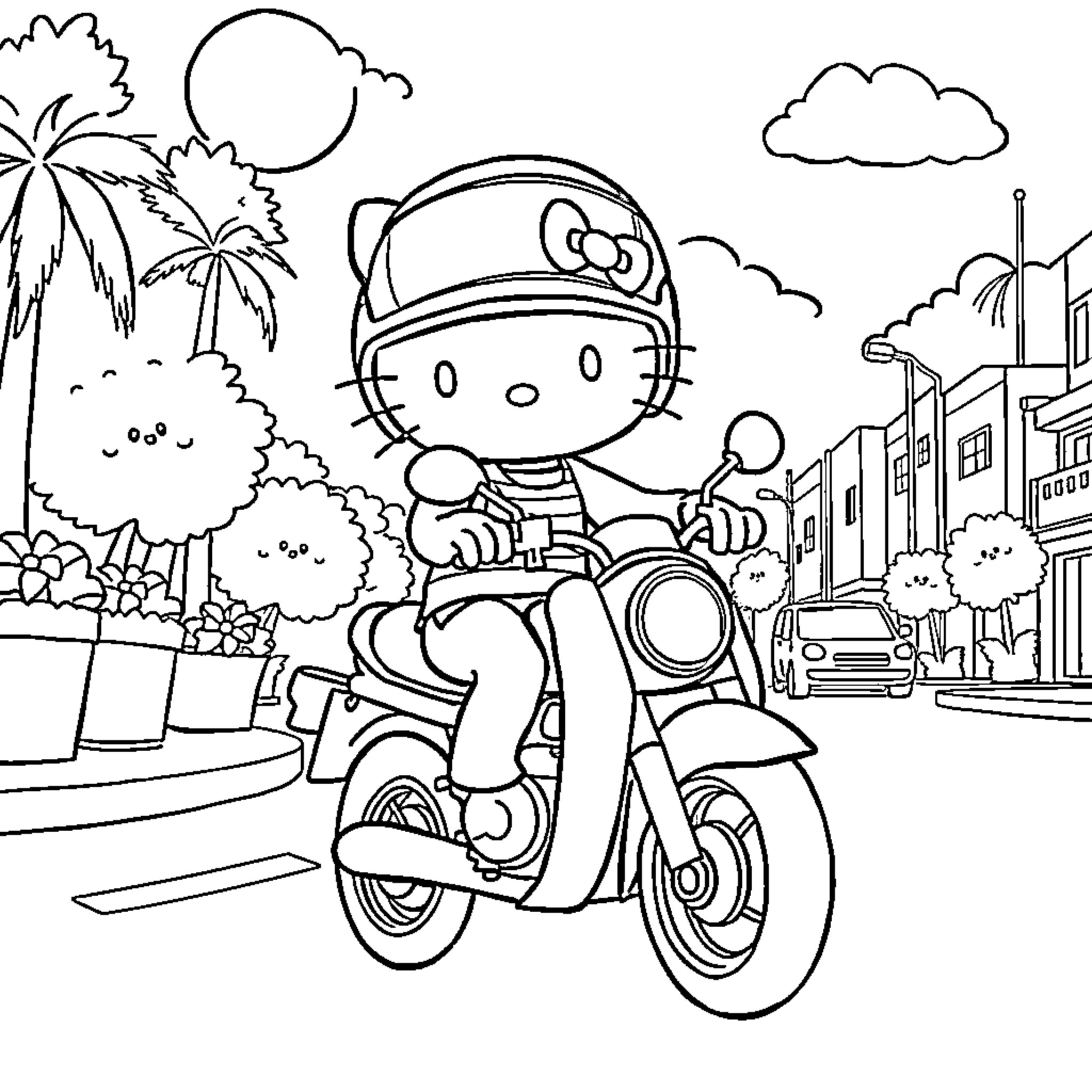 Hello Kitty riding scooter in tropical town Coloring Page (free black-and-white line drawing printable PDF for all, from beginners to advanced learners, including children, teens, adults, and seniors)