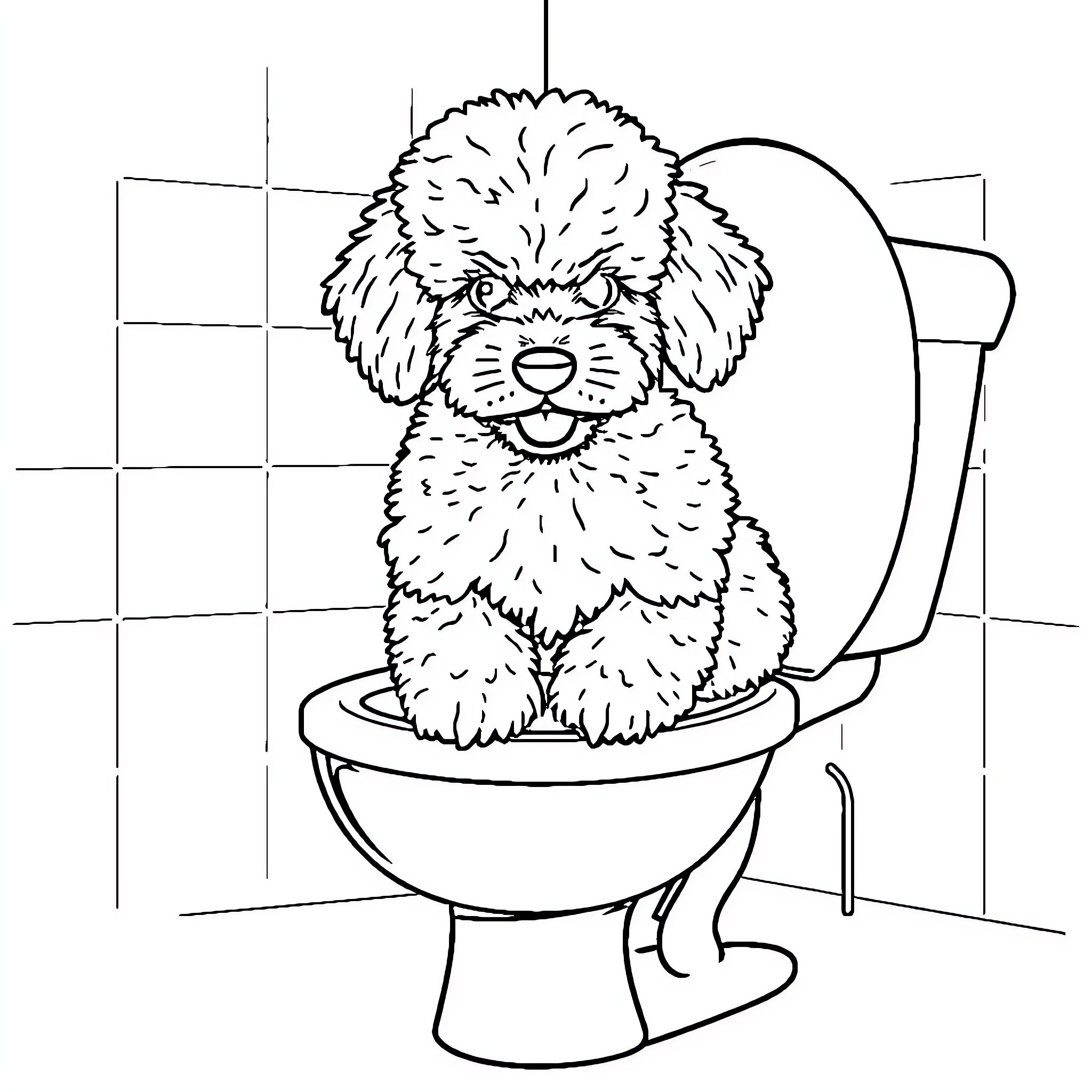Poodle sitting on toilet with a smile Coloring Page (free black-and-white line drawing printable PDF for all, from beginners to advanced learners, including children, teens, adults, and seniors)