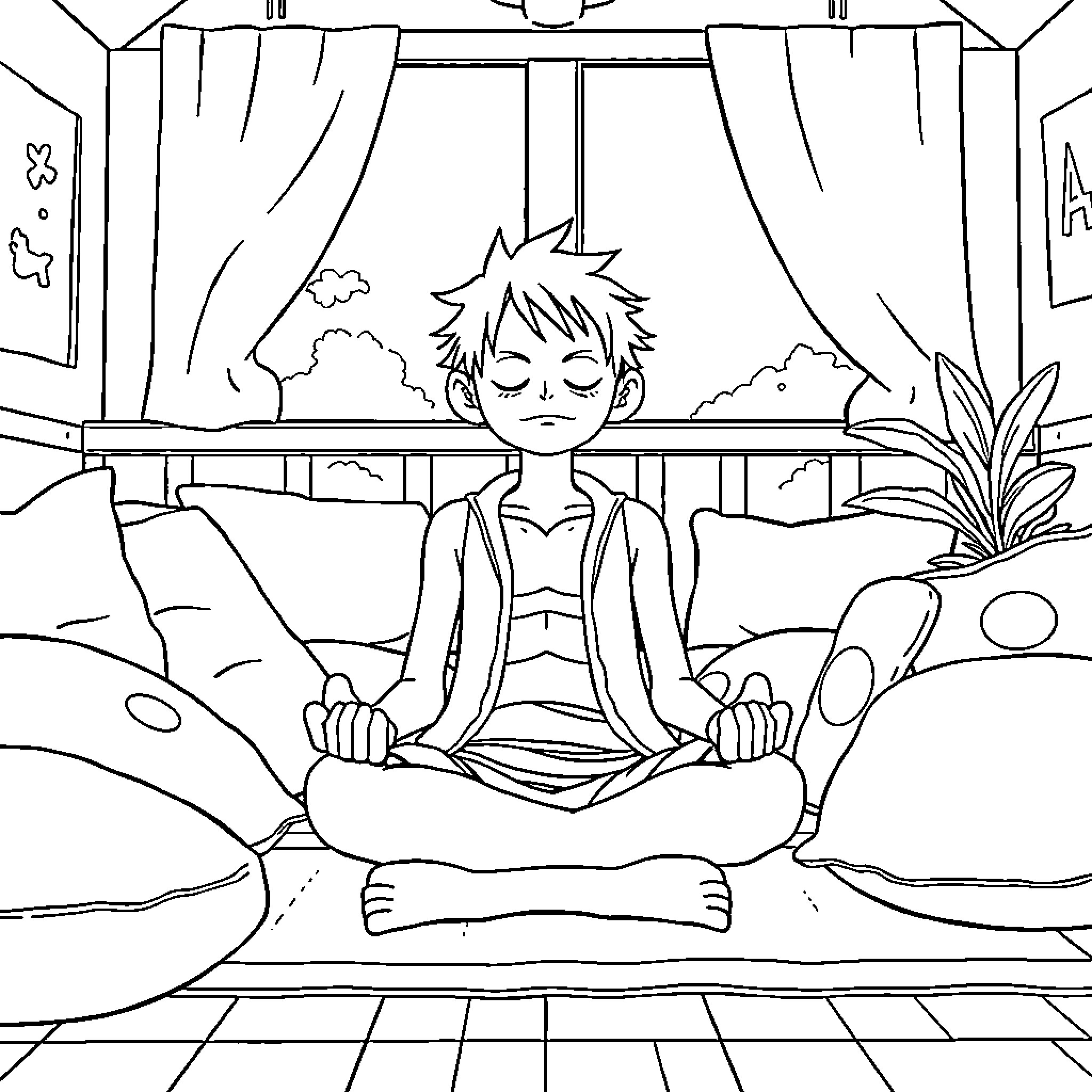 Monkey D Luffy meditating in a tranquil room Coloring Page (free black-and-white line drawing printable PDF for all, from beginners to advanced learners, including children, teens, adults, and seniors)