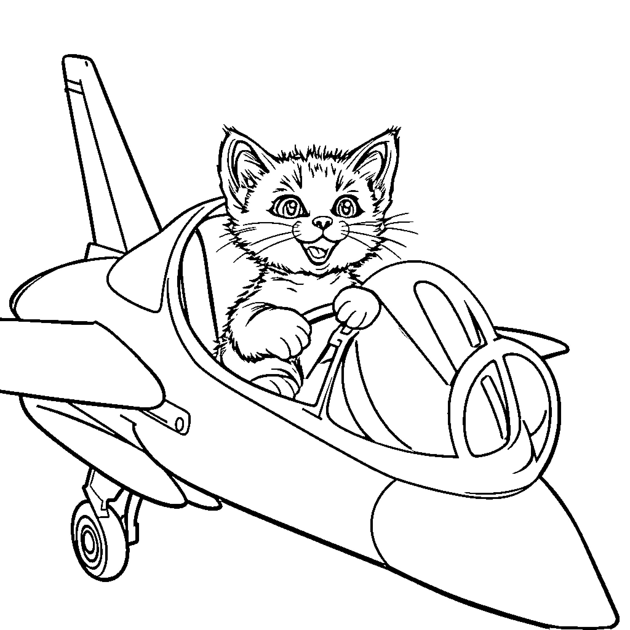 Kitten riding a plane Coloring Page (free black-and-white line drawing printable PDF for all, from beginners to advanced learners, including children, teens, adults, and seniors)