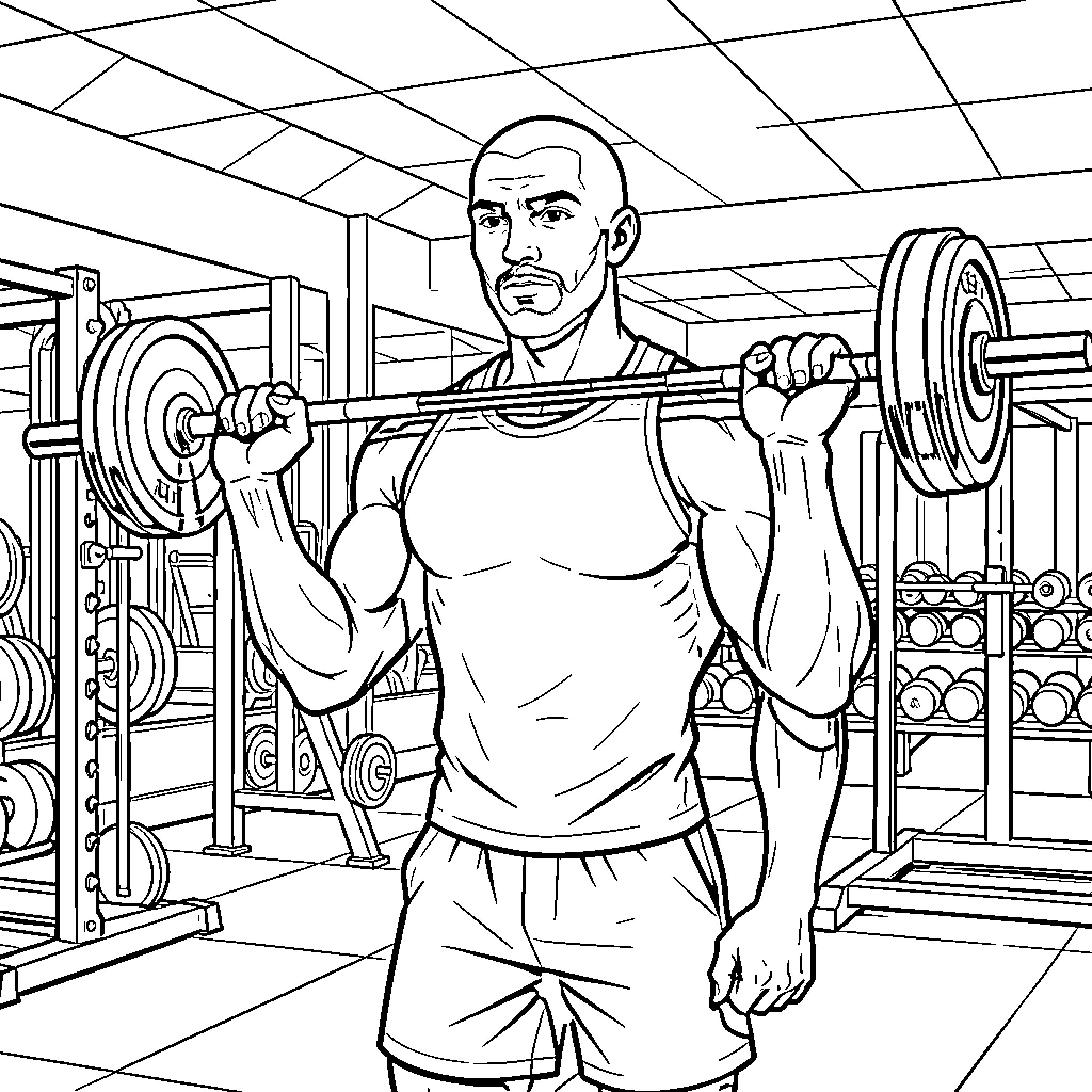 Hombre working out with weights in gym Coloring Page (free black-and-white line drawing printable PDF for all, from beginners to advanced learners, including children, teens, adults, and seniors)